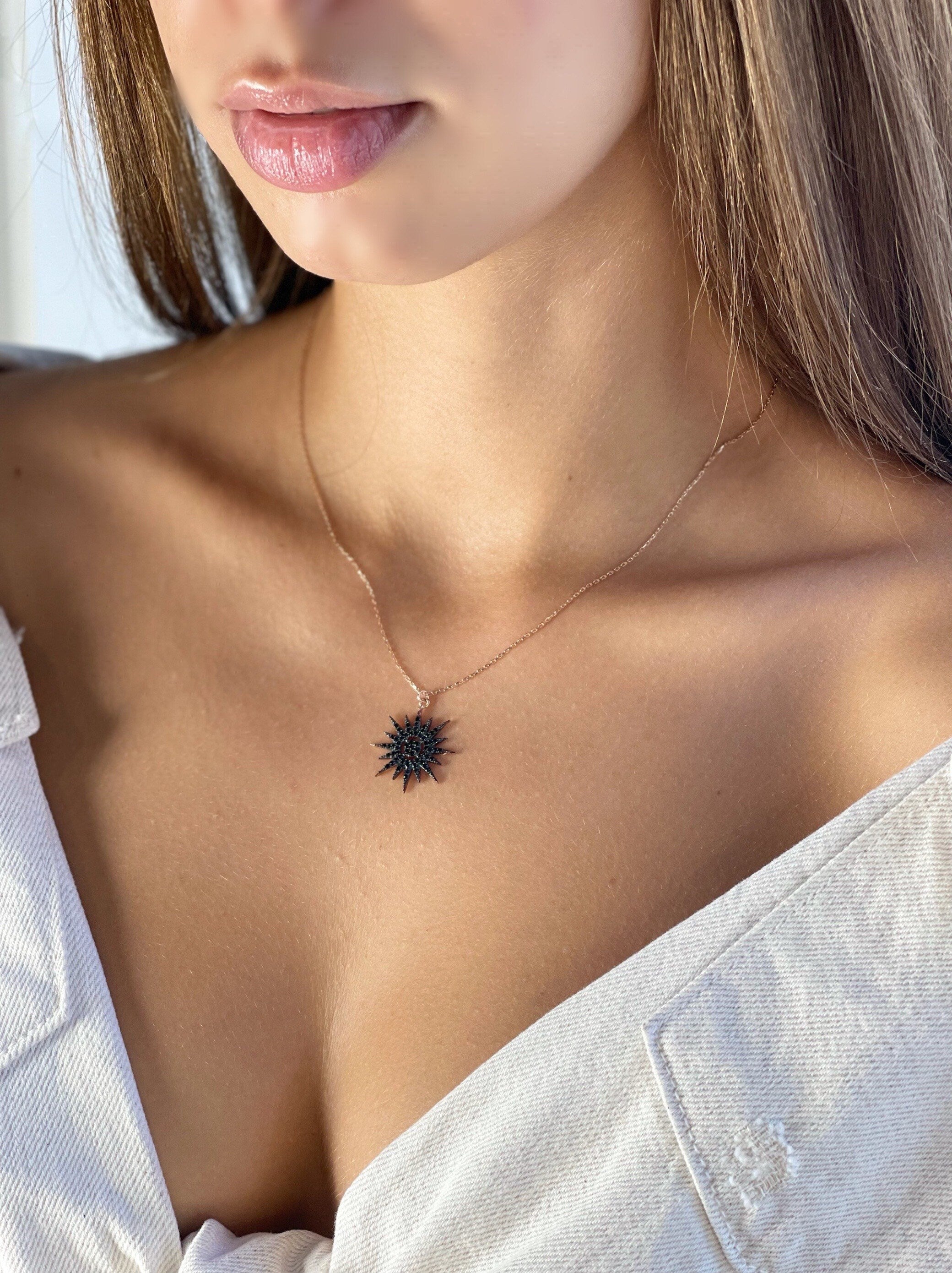 Cosmic Star Necklace, North Star Jewelry Pendant, , Starburst Pave Necklace, Delicate Silver Necklace