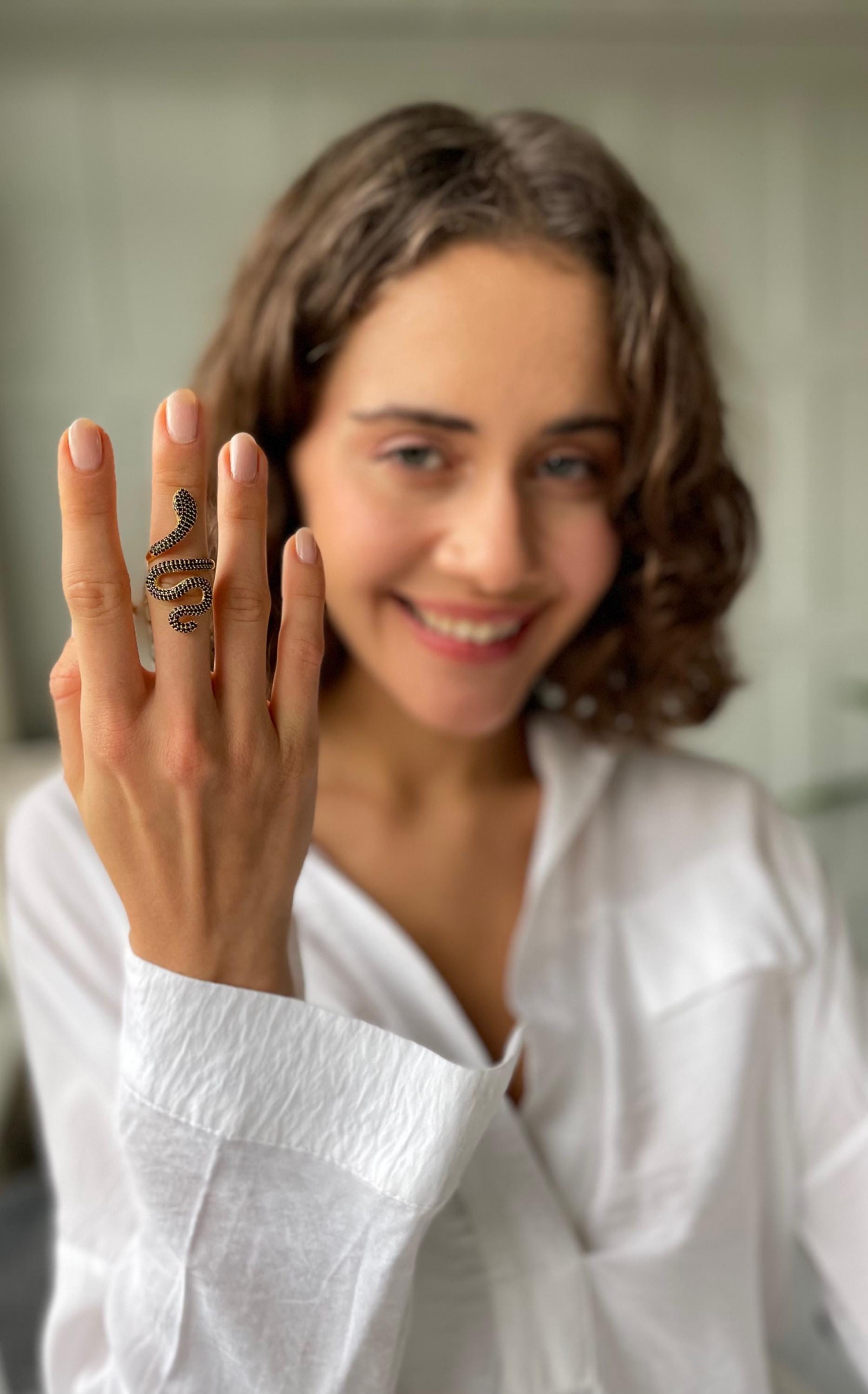 Glamorous Snake Ring - Gold And Silver Pave Snake Statement Ring - Cz Adjustable Snake Ring - Twisted Snake Ring - Serpent Design Jewelry