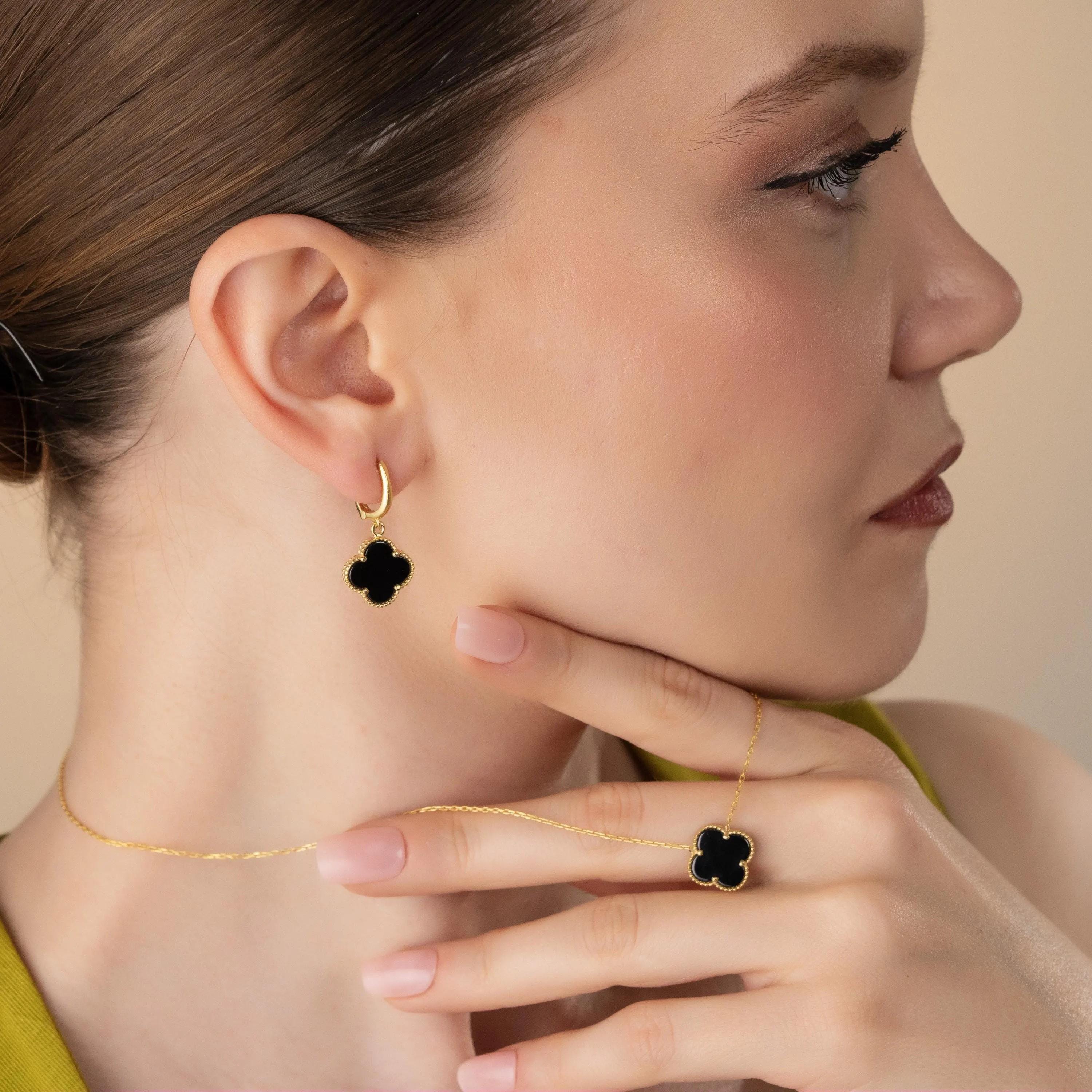 Black Clover Necklace & Earrings Set , Personalized Four Leaf Clover Jewelry Set , Women’s Lucky Charm Set, Gemstone Color And Chain Options