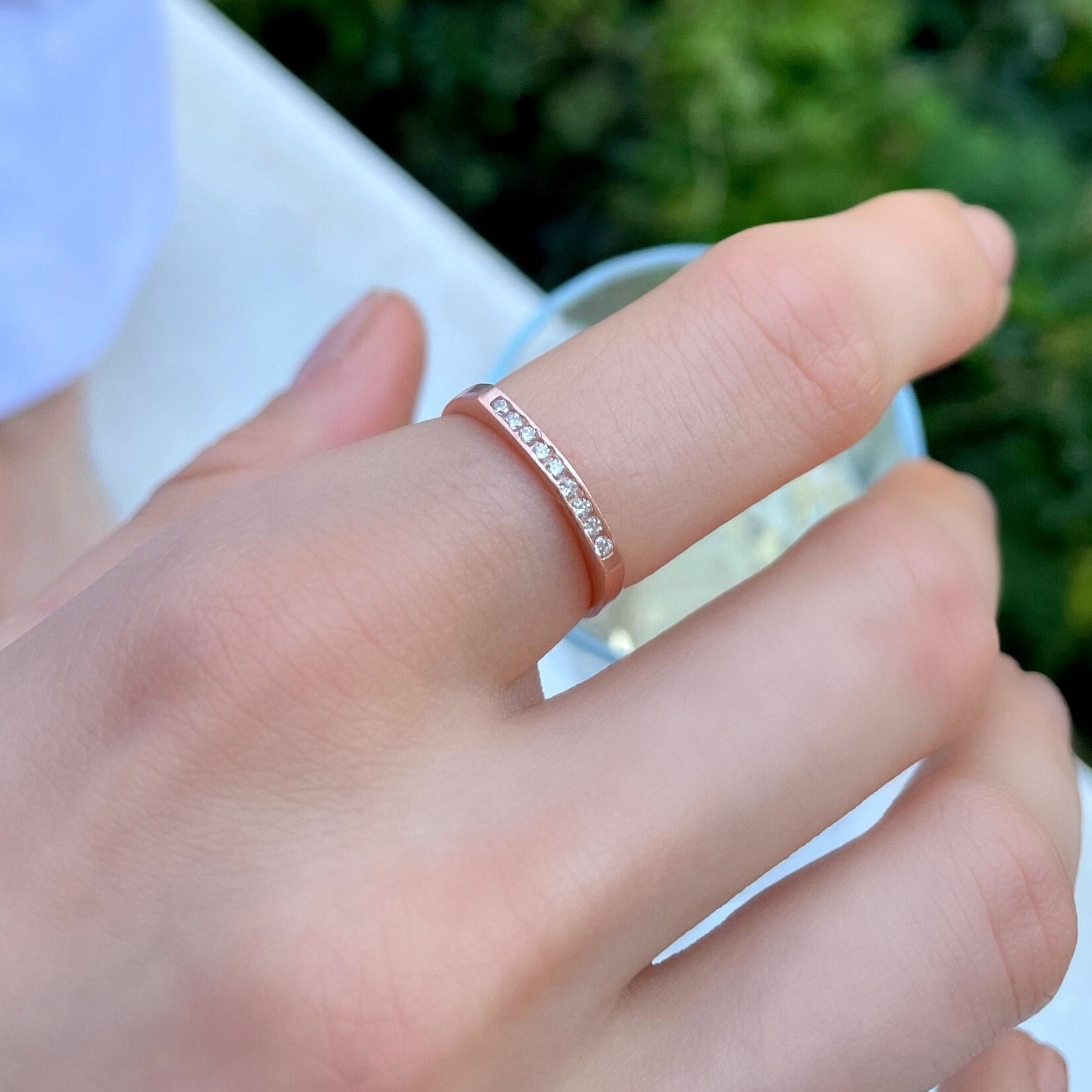 Rose Gold Signet Bar Ring With Zirconia - Minimalist Geometric Ring - Flat Top Cz Ring - Dainty Silver Jewelry For Women - Engagement Ring