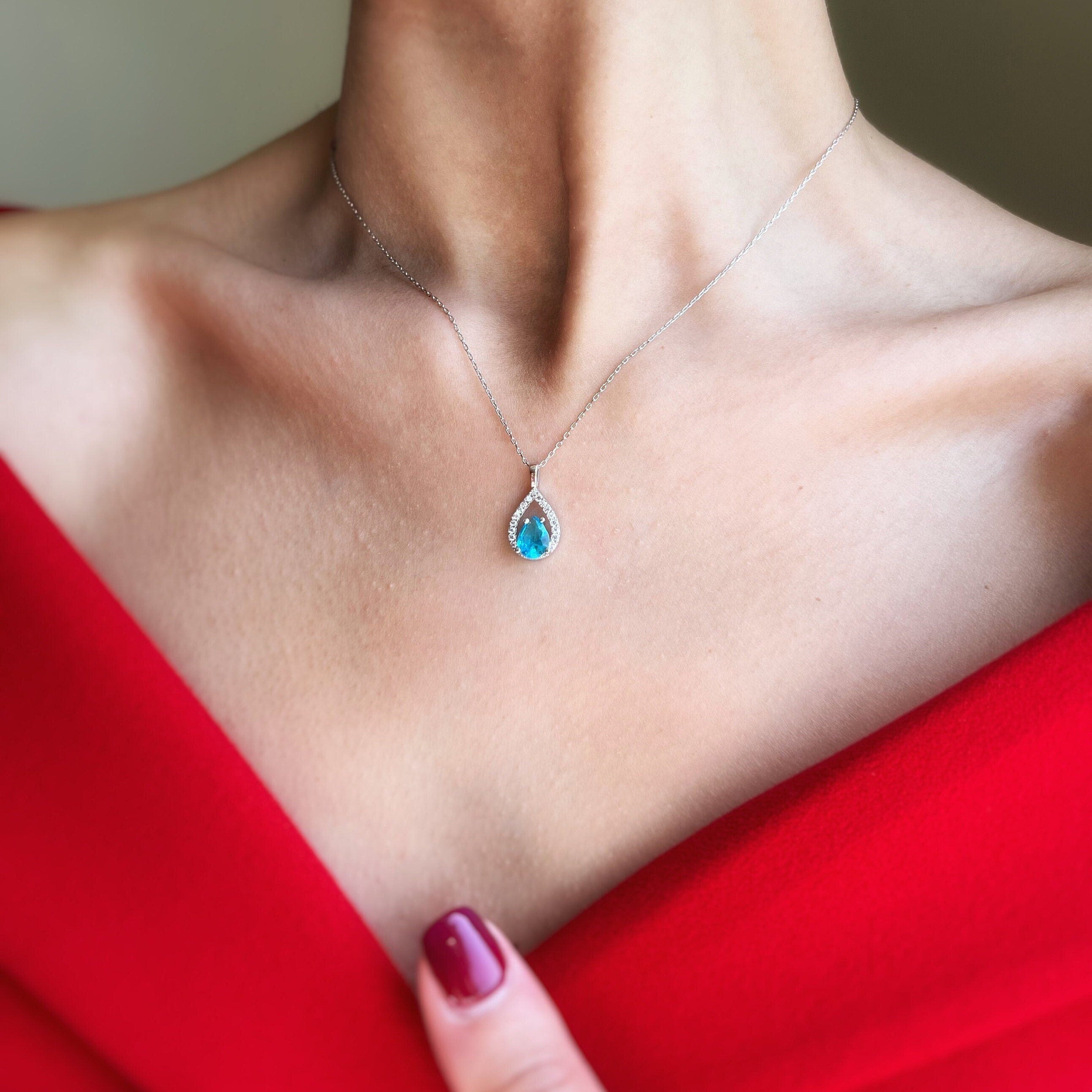 Teardrop Pendant Necklace | Sparkling Drop Birthstone Silver Necklace | Oval Cut Gemstone | Birthstone Pendant | Minimalist Jewelry Gift