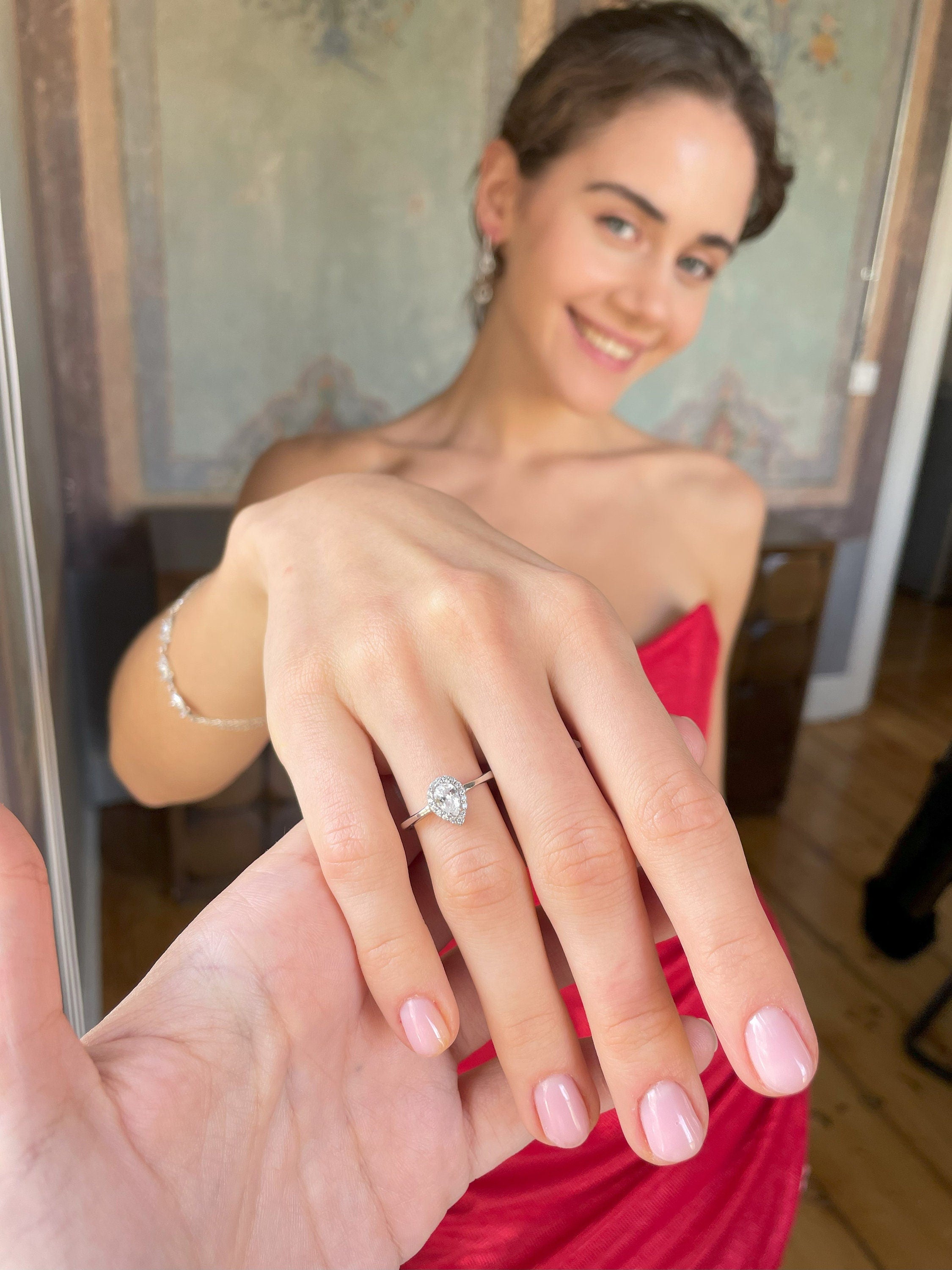 Cz Teardrop Jewelry Set - Bridal Jewelry Set - 925 Sterling Silver Bracelet & Ring - Cz Halo Jewelry - -