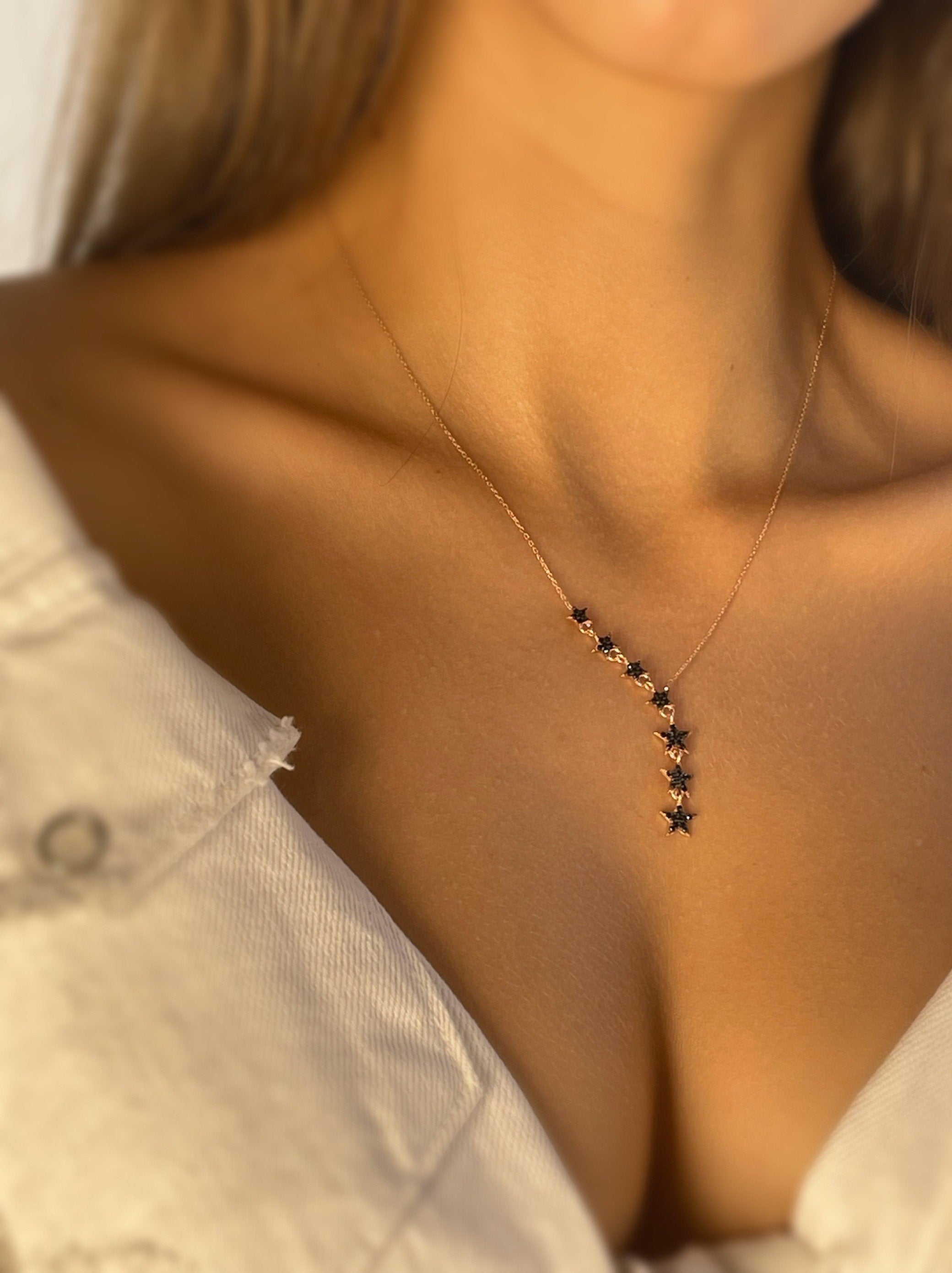 Asymmetric Y Shape Star Lariat Necklace - Drop Star Pendant - Zircon Gemstones - Silver/gold/rose Gold Chain -