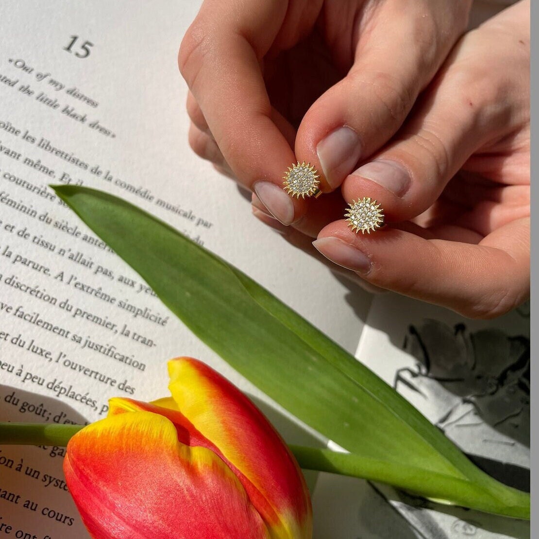 Dainty Radiant Sun Stud Earring - Sparkling Sun Gold Color Earrings - Minimalist Earrings - Sterling Silver Handmade Jewelry