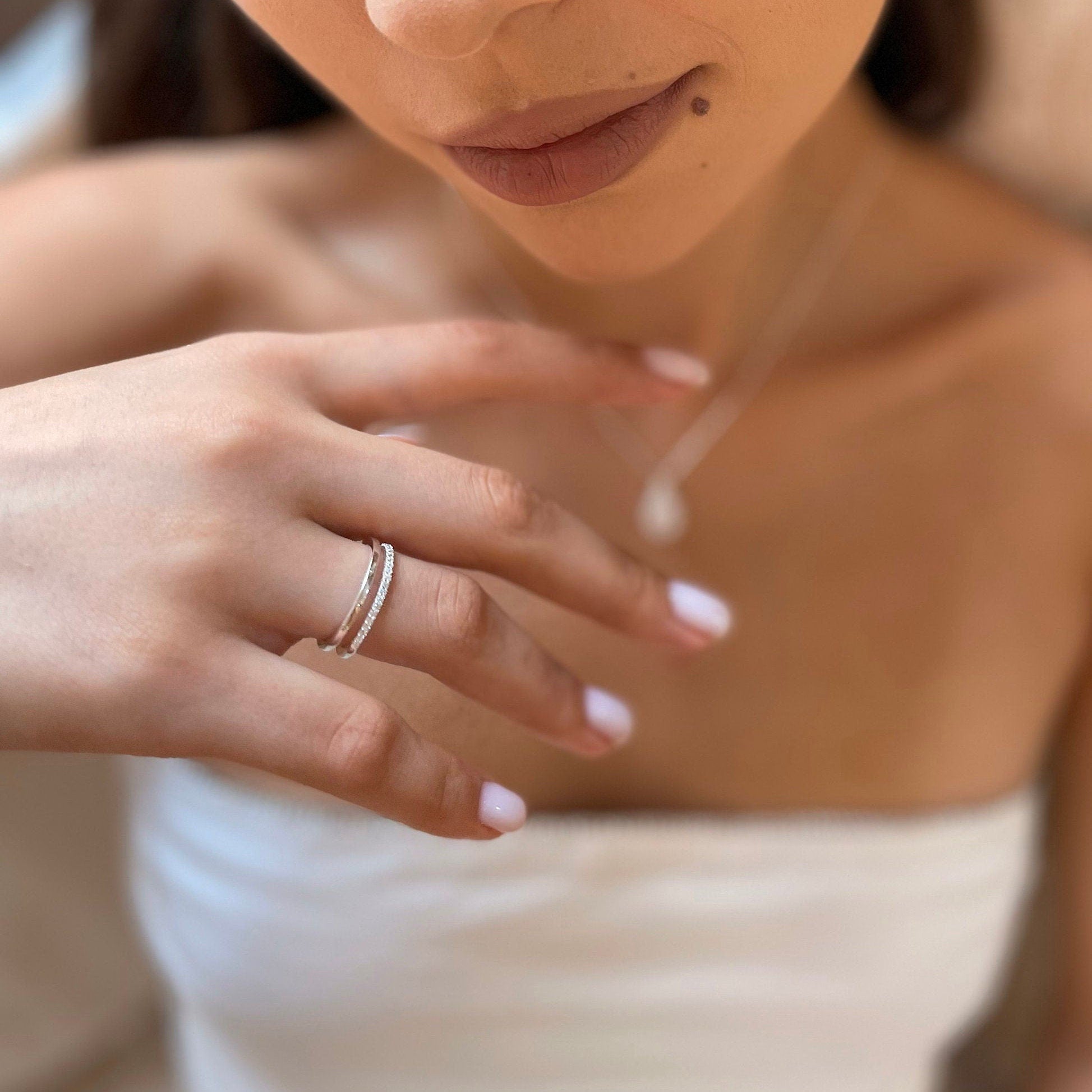 Double Layer Eternity Ring - Sparkling Silver Cz Infinity Wedding Ring - Layered Design Stackable Ring - Gold/silver/rose Options