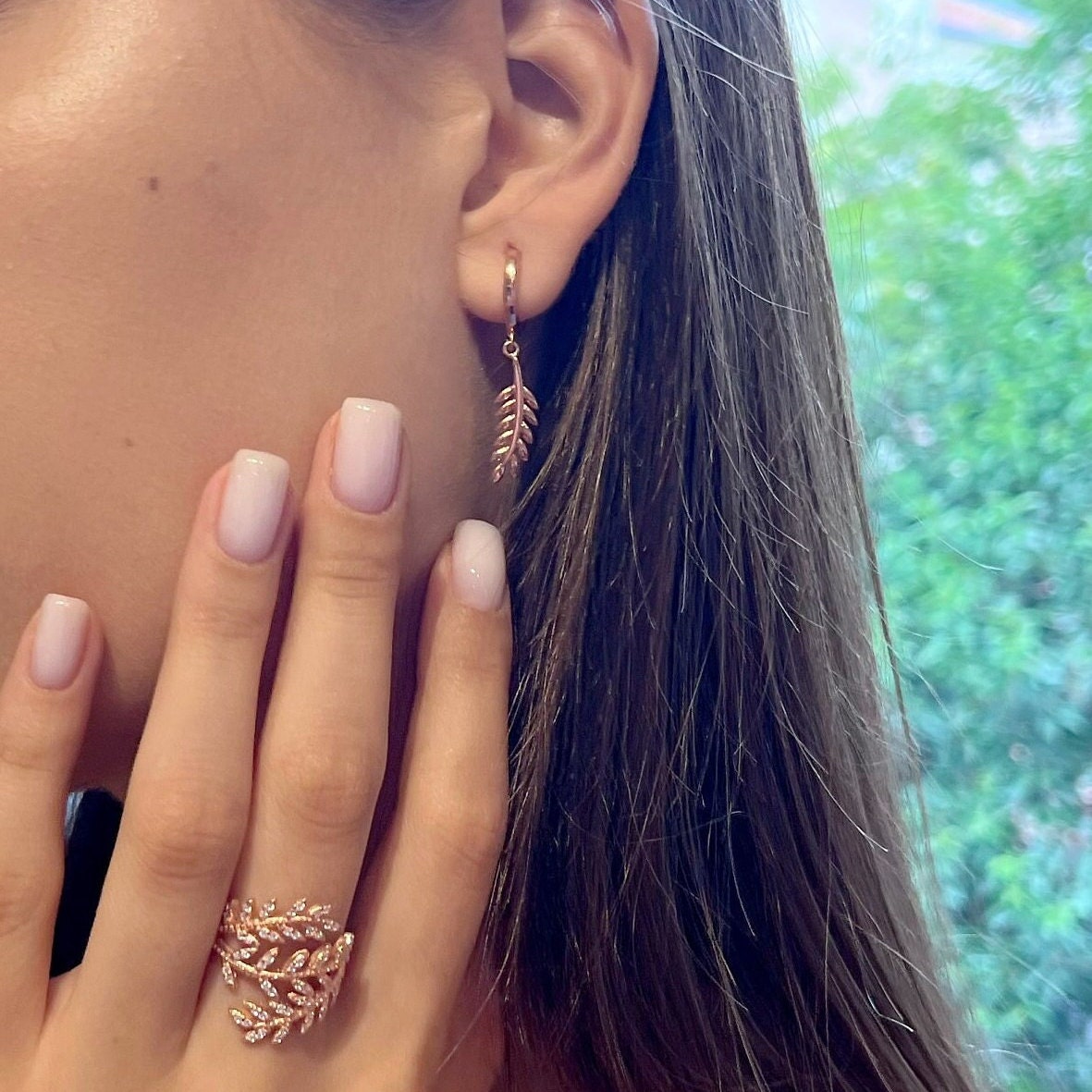 Minimalist Rose Gold Color Leaf Hoops - Feather Hoop Earrings - 925 Sterling Silver Jewelry - Mens Dangle Earrings - Leaf Dangle Earrings