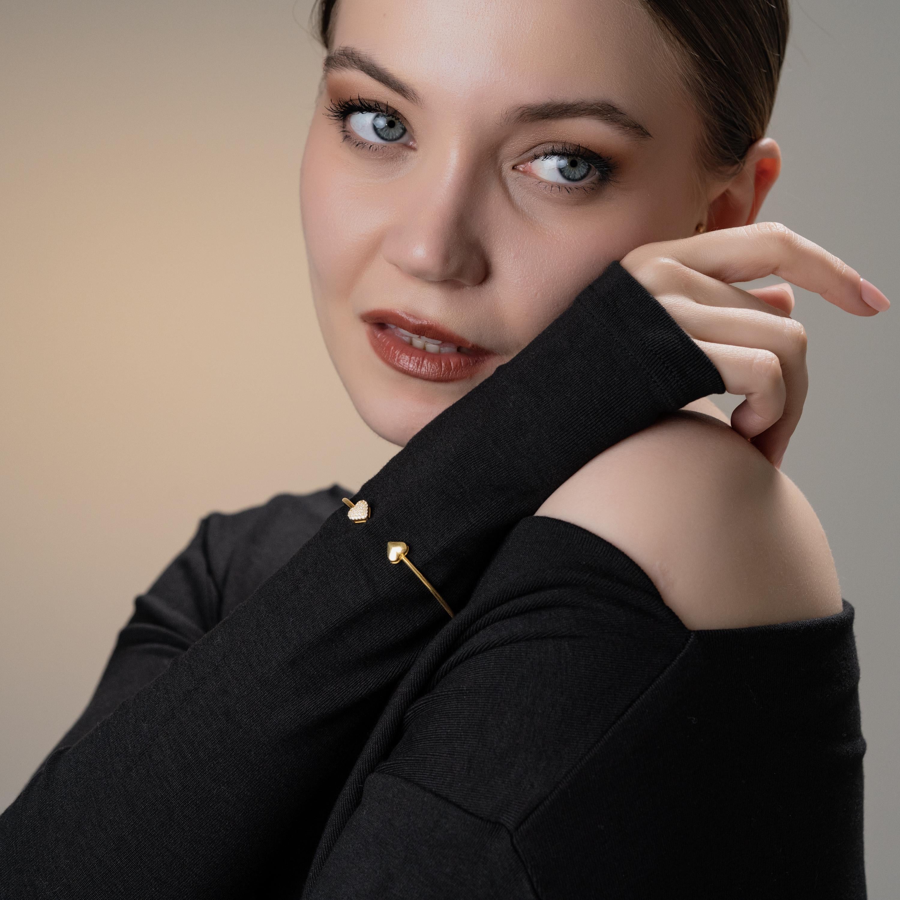 Romantic Gold Heart Bracelet , Pavé Heart Cuff , Dainty Heart Bracelet , Elegant Gold Bracelet , Handmade ,