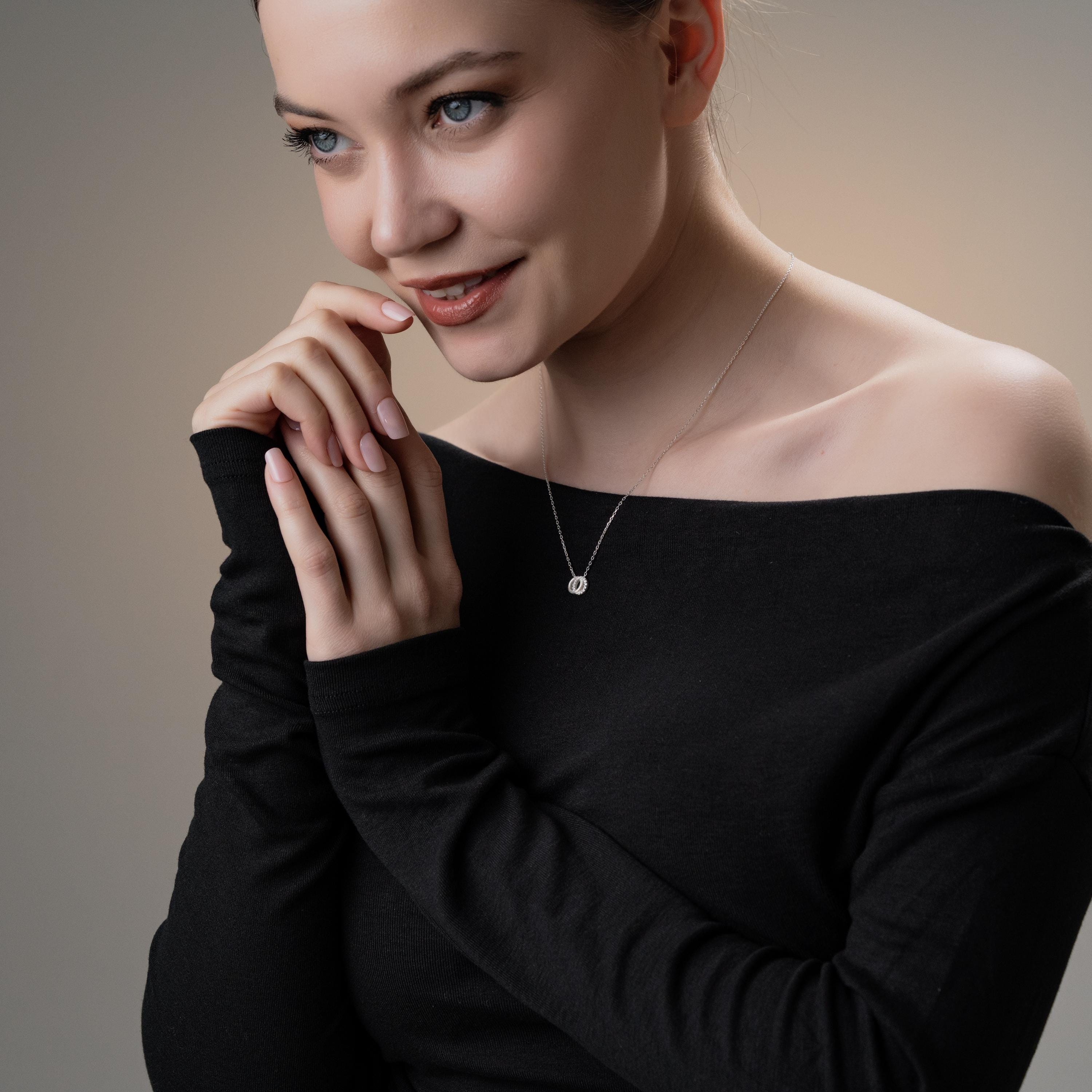 Dainty Double Circle Necklace , Silver Interlocking Design With Dazzling Zirconia , Minimalist Circle Necklace , Handmade Gift For Women