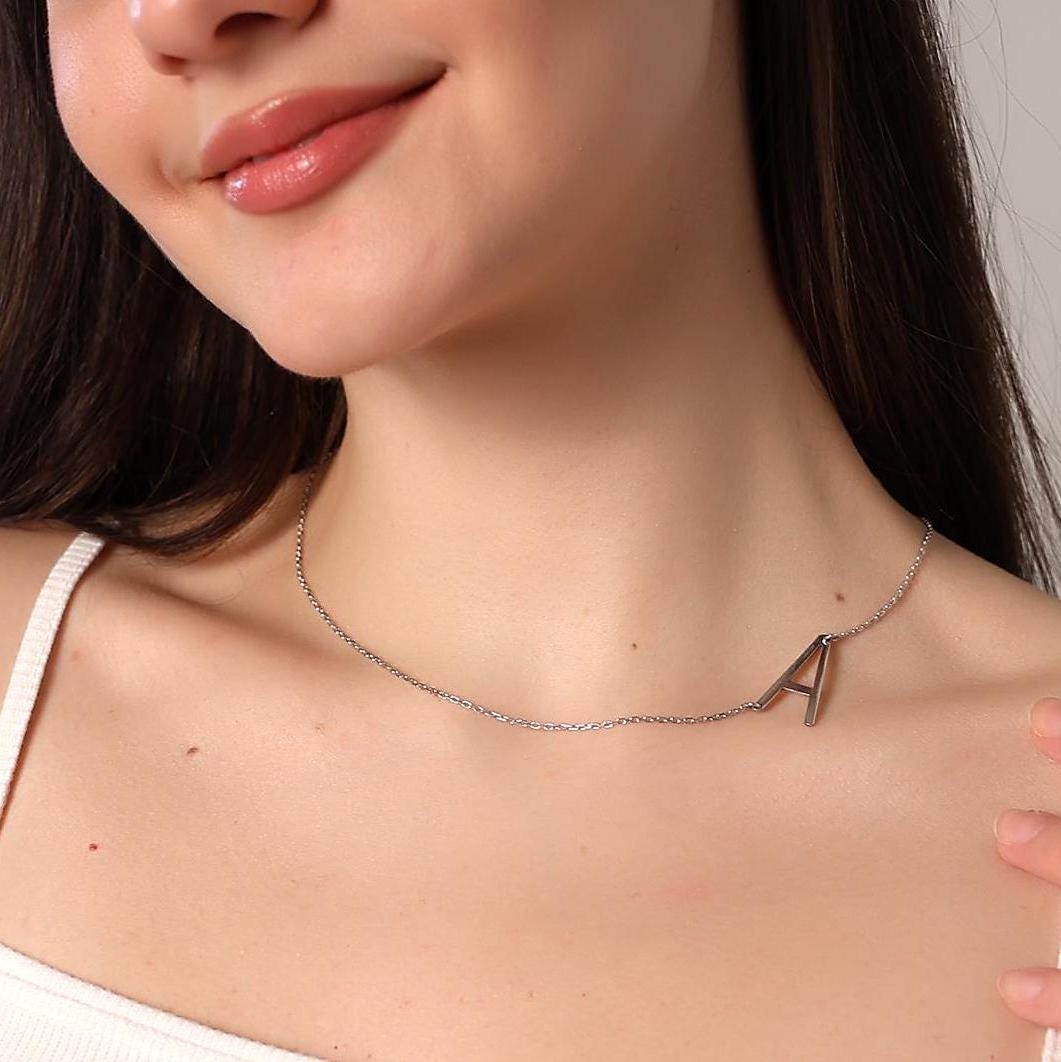 Sideways Initial Necklace, Custom Side Letter Necklace, Personalized Alphabet Pendant, Asymmetrical Initial Necklace, Chic Personalized Gift