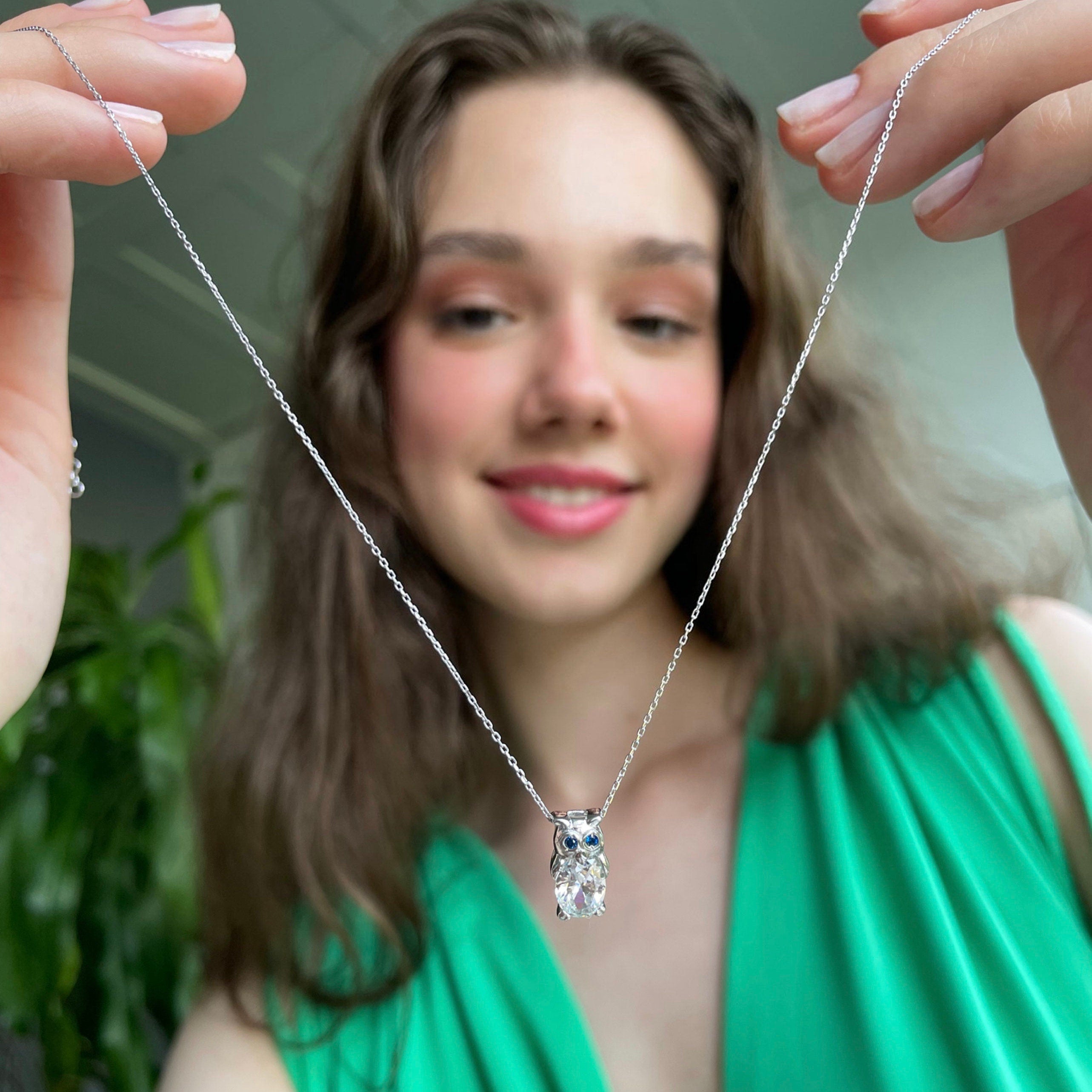 Sapphire Eyes Owl Necklace - Sterling Silver Owl Pendant - Handmade Jewelry For Women - Summer Accessories -