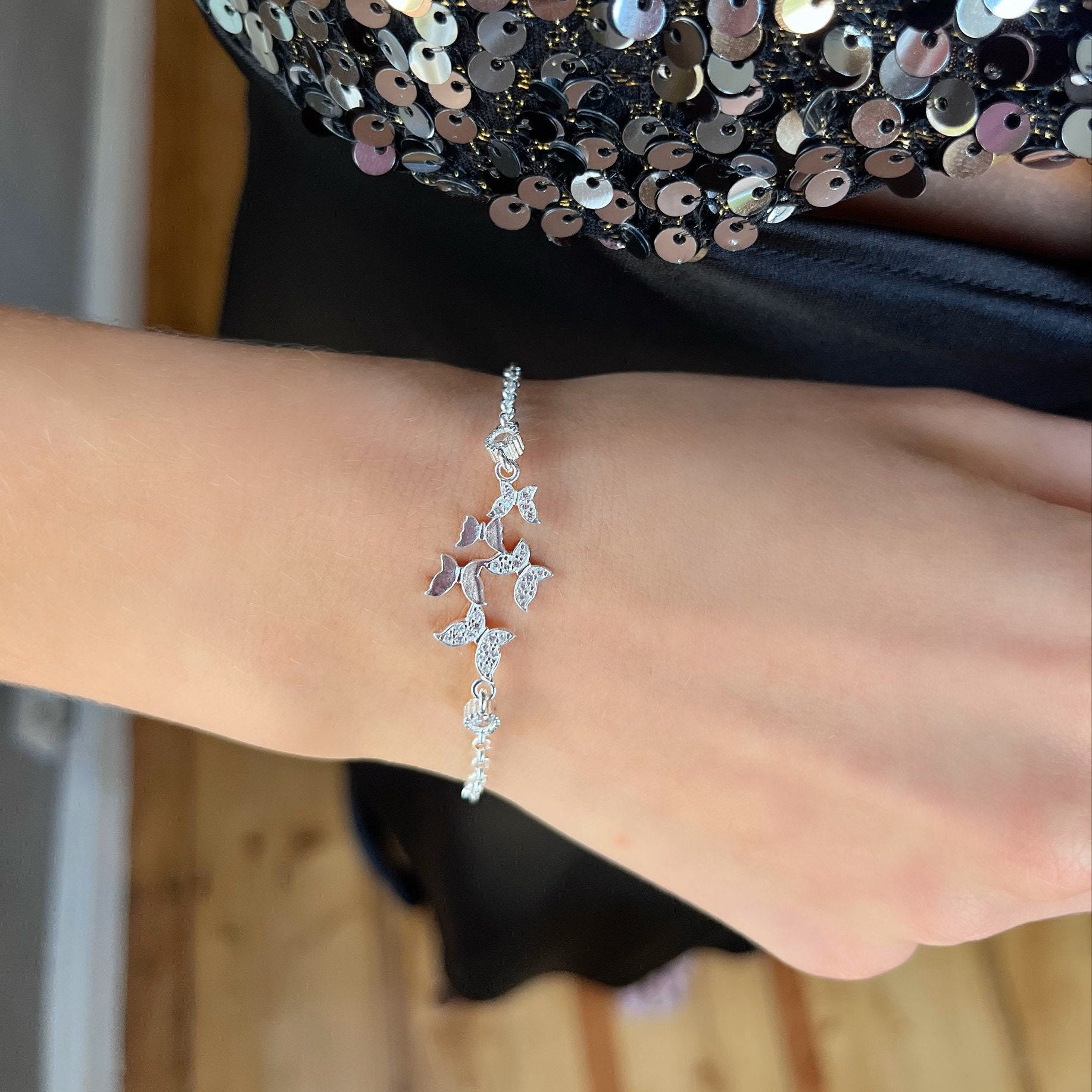 Dazzling Cz Butterfly Bracelet - Sterling Silver Adjustable Butterfly Bracelet - Nature Lover -