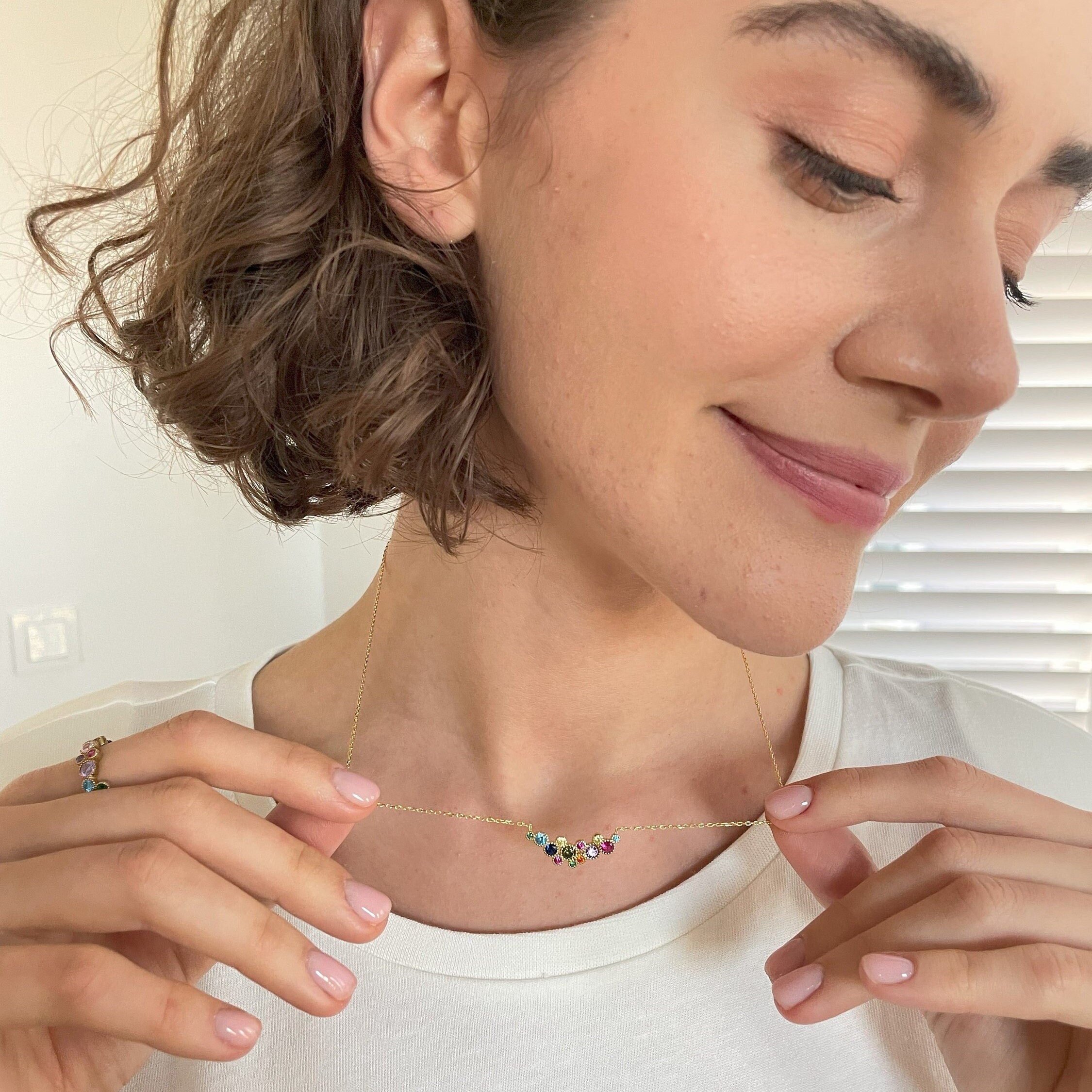 Rainbow Gemstone Necklace , Unique & Bright Jewelry , Emerald, Aquamarine And Sapphire, Mix Gemstones Options