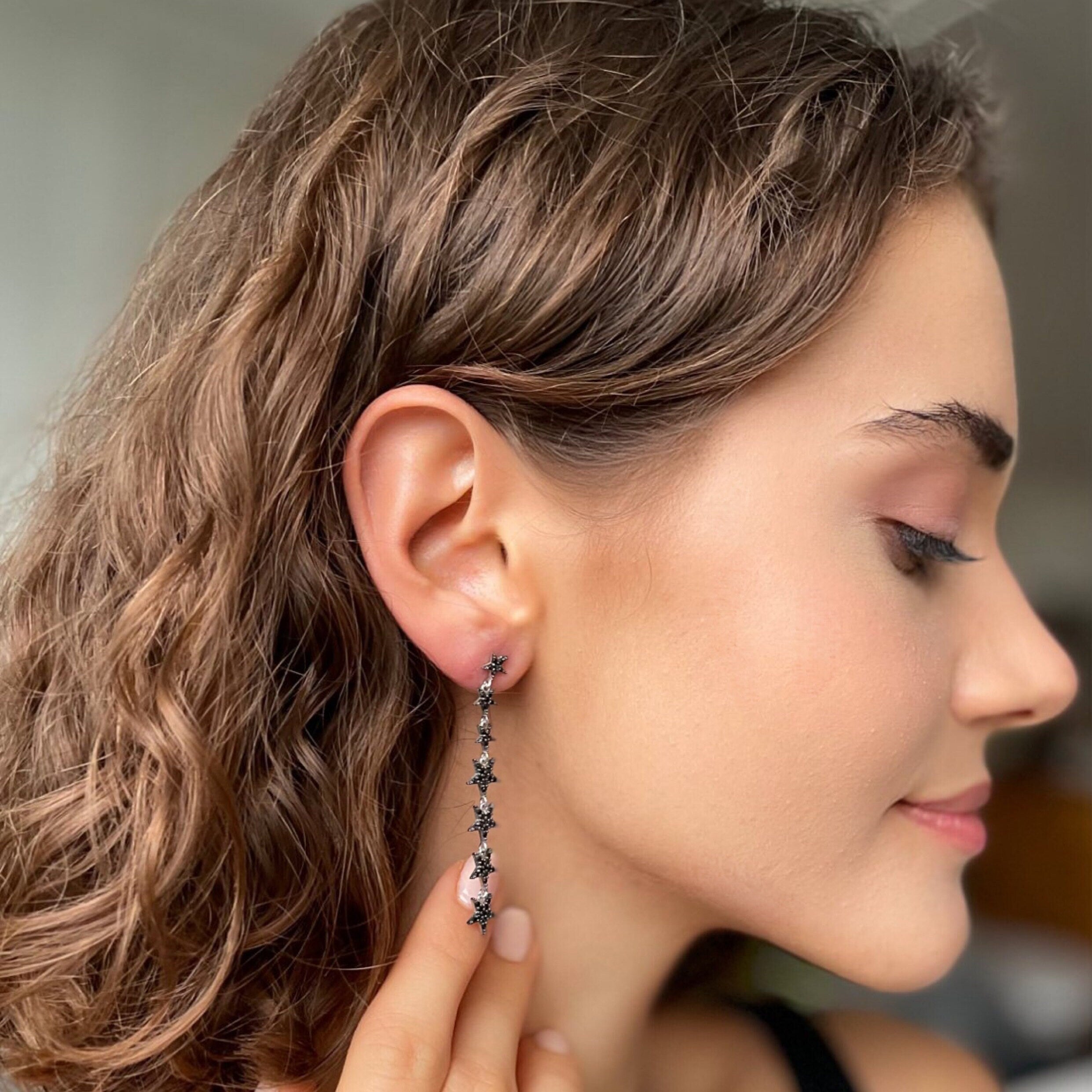 Star Lariat Dangle Earrings - Zircon Gemstones Celestial Earrings - Sterling Silver Jewelry - Star Design Stud Earrings - Star Drop Earrings