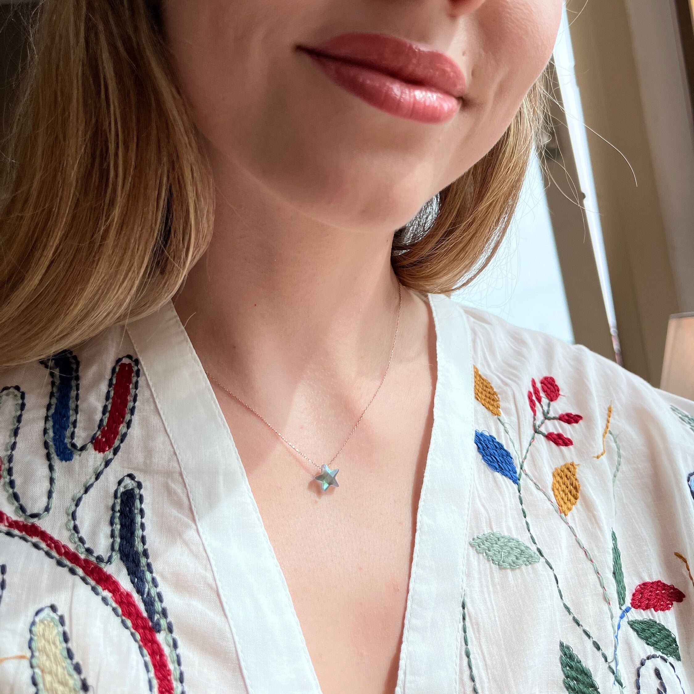 Minimalist Star Gemstone Sterling Silver Necklace - Labradorite Star Pendant - 925 Sterling Silver Necklace - Summer Star Necklace Gift