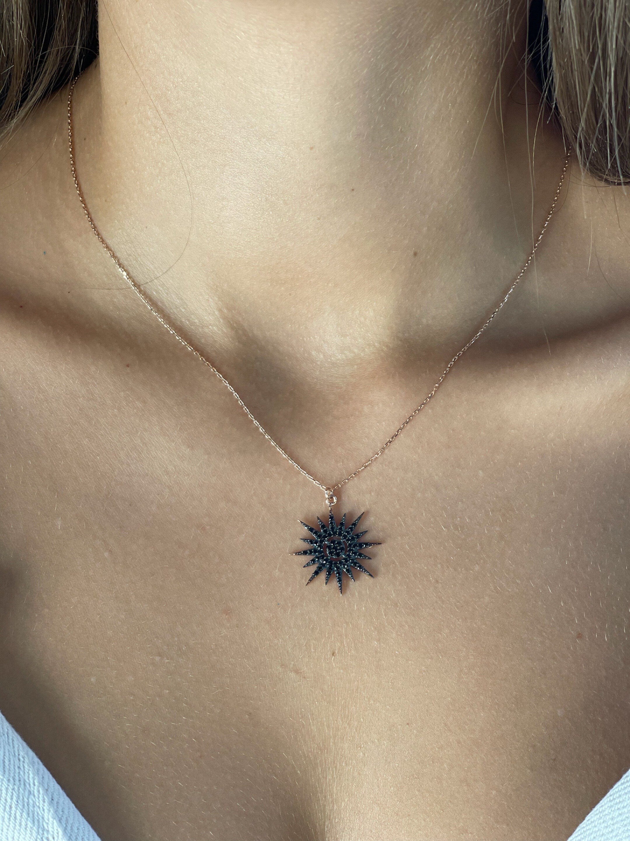 Cosmic Star Necklace, North Star Jewelry Pendant, , Starburst Pave Necklace, Delicate Silver Necklace