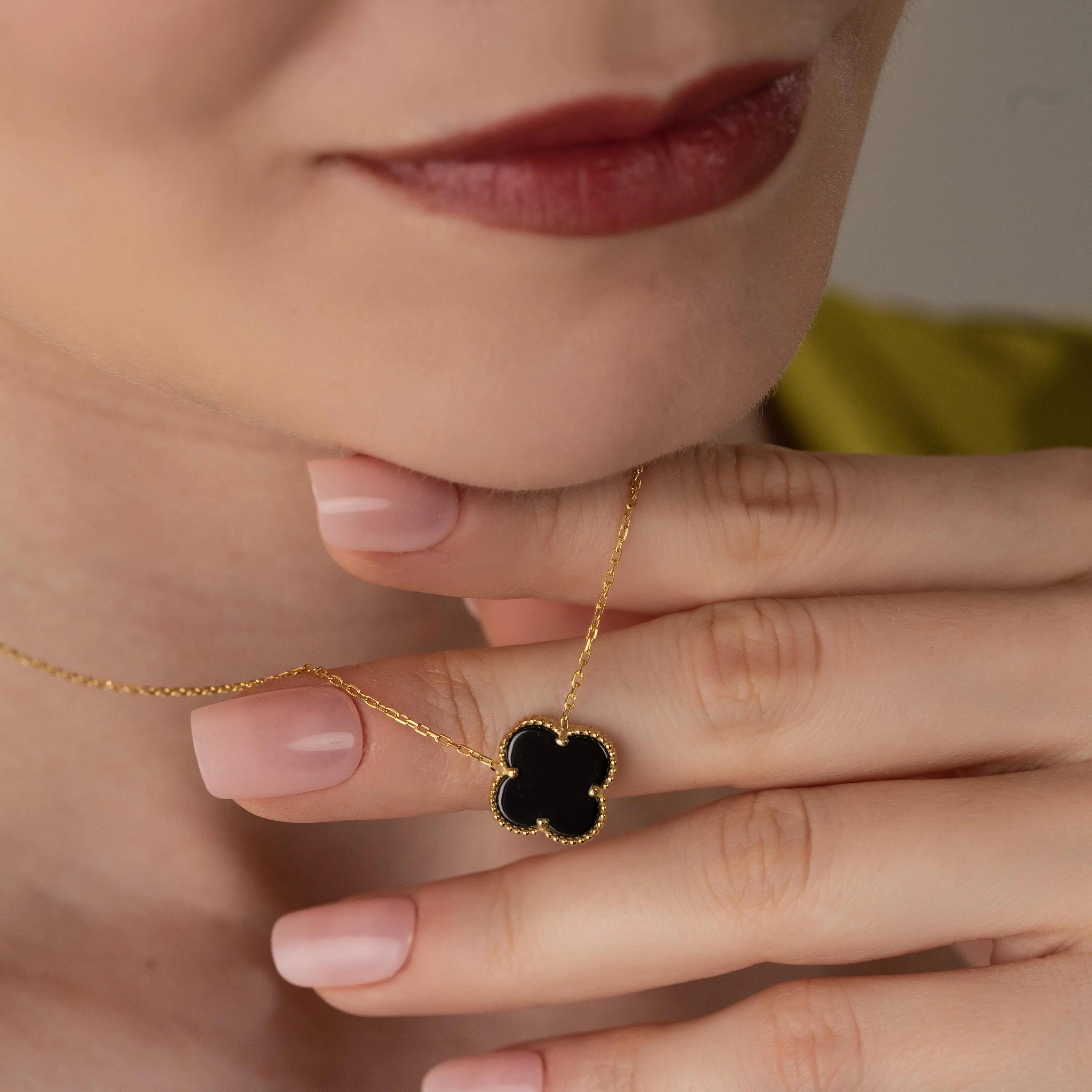 Black Clover Necklace & Earrings Set , Personalized Four Leaf Clover Jewelry Set , Women’s Lucky Charm Set, Gemstone Color And Chain Options