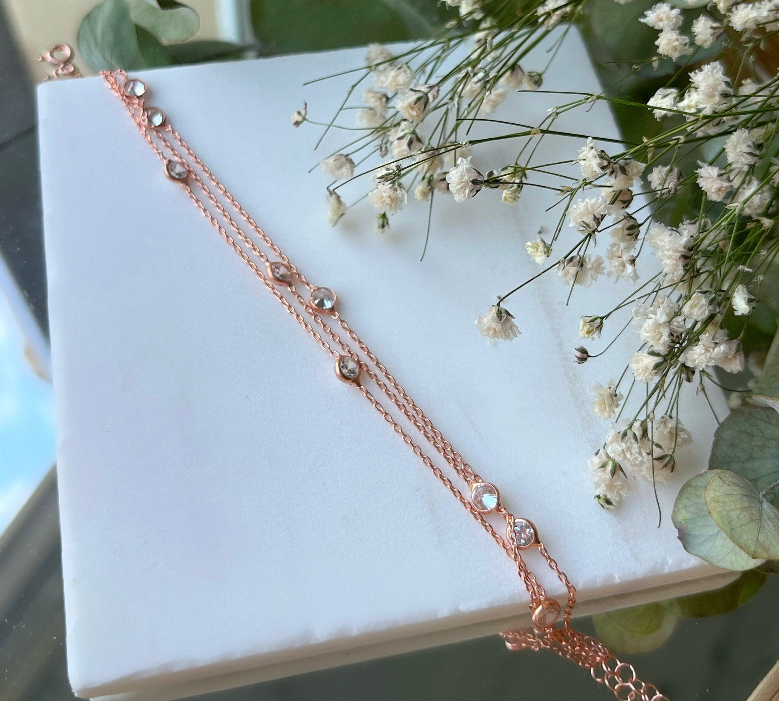 Zircon Beaded Triple Chain Bracelet - Rose Gold Plated Adjustable Bracelet - Everyday Style Dainty Jewelry - Minimalist Silver Bracelet