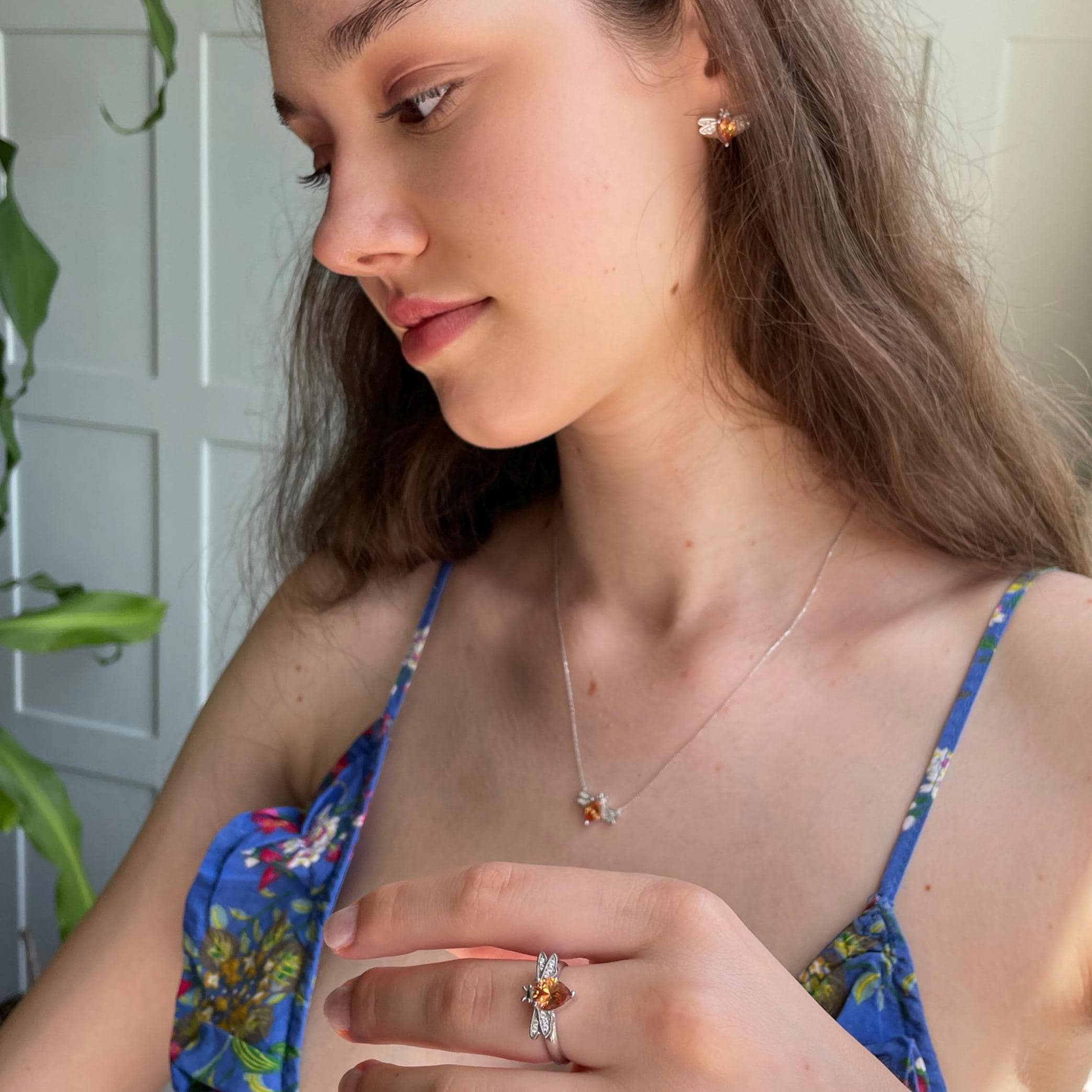 Elegant Beefancy Jewelry Set - Honeybee Inspired Necklace, Earrings And Ring Ensemble - Champagne Gemstone Stylish Honeybee Trio Set