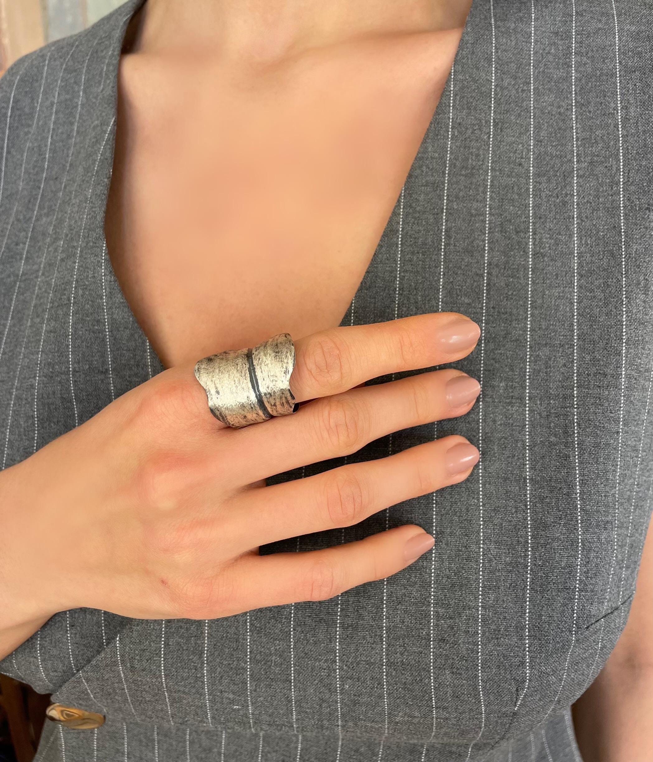 Wide Rustic Handcrafted Ring - Raw Textured Adjustable Silver Ring - Hammered Handmade Ring - Chunky Sterling Silver Ring