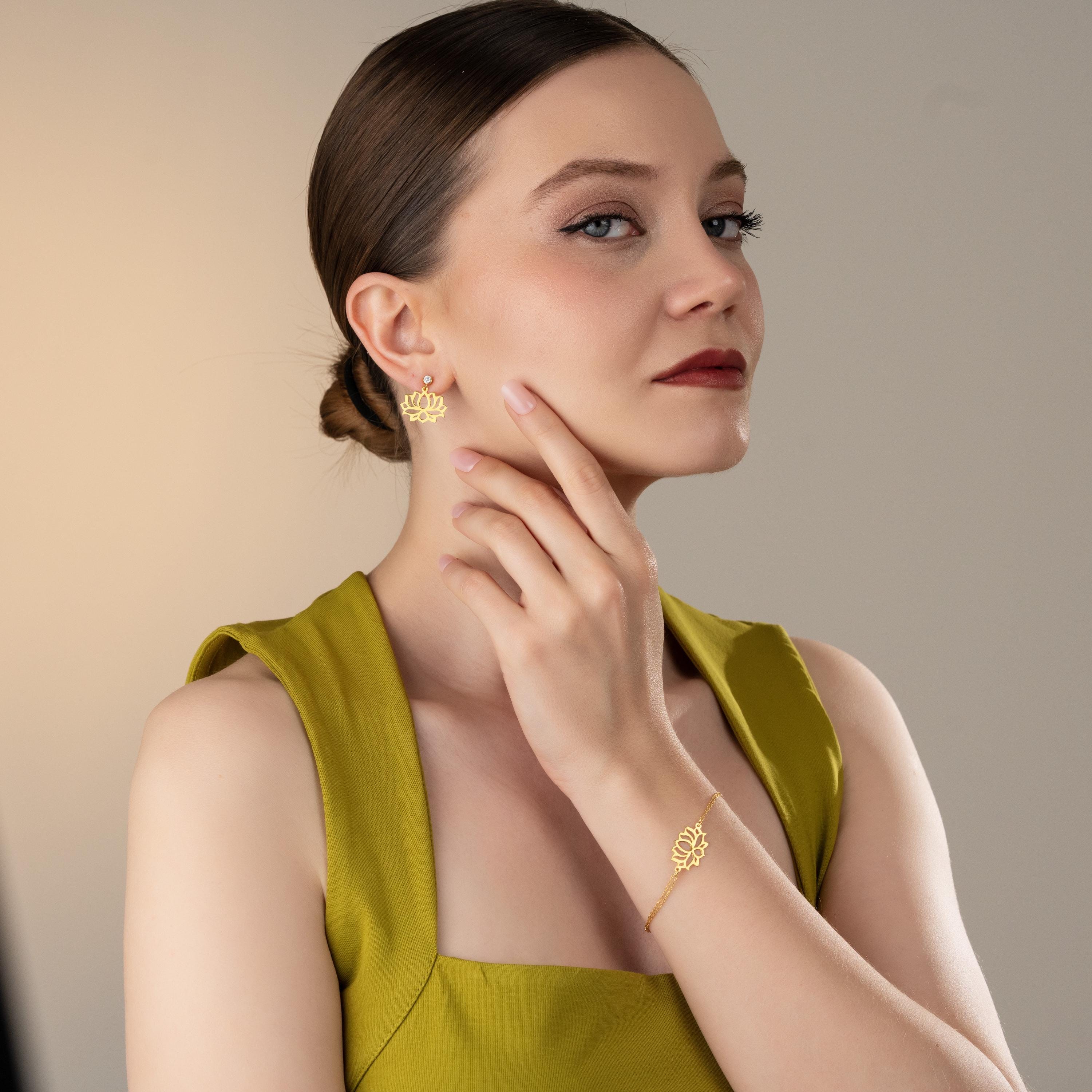 Gold Lotus Flower Jewelry Set, Dainty Bracelet & Earrings