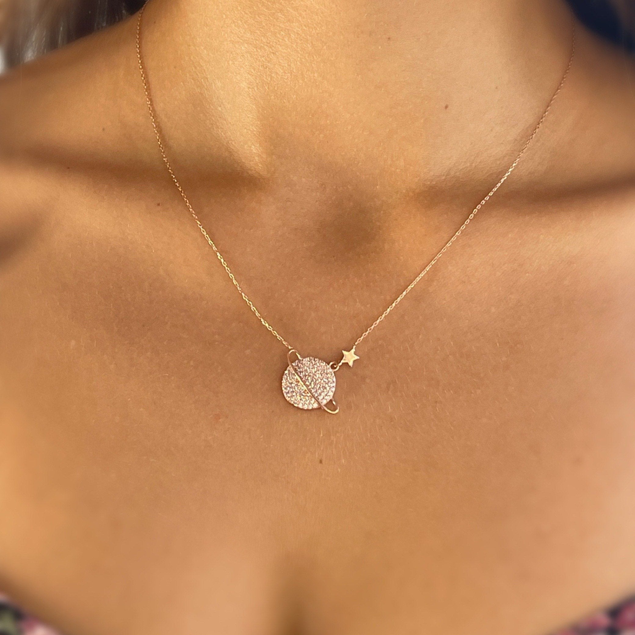 Galaxy Sterling Silver Necklace, Planet Star Jewelry Pendant, , Pave Necklace Personalized Gift, Delicate Silver Necklace