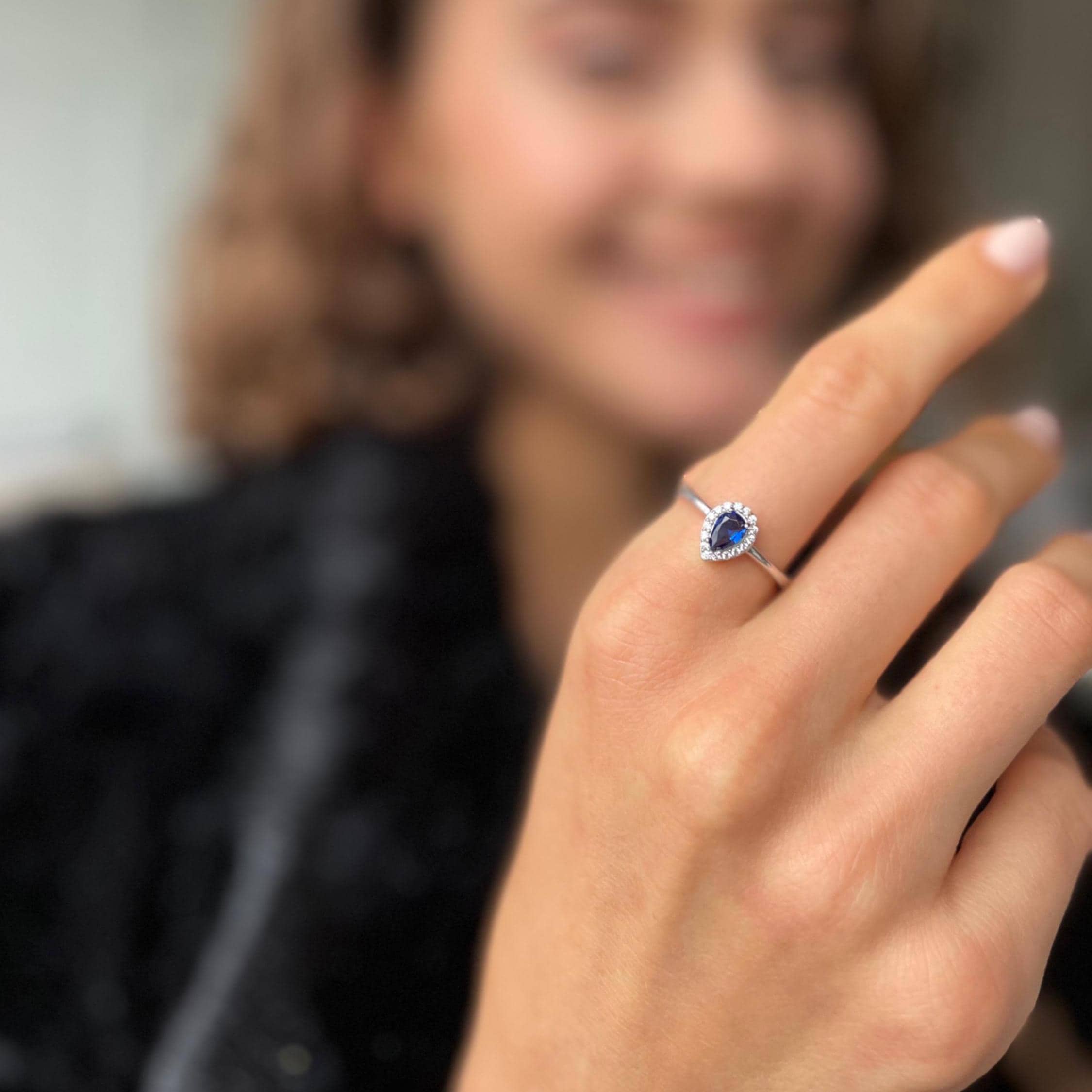 Dainty Zirconia Frame Teardrop Ring - Sapphire , Emerald And Crystal Gemstone Ring - Elegant Sparkling Ring - Halo Teardrop Ring