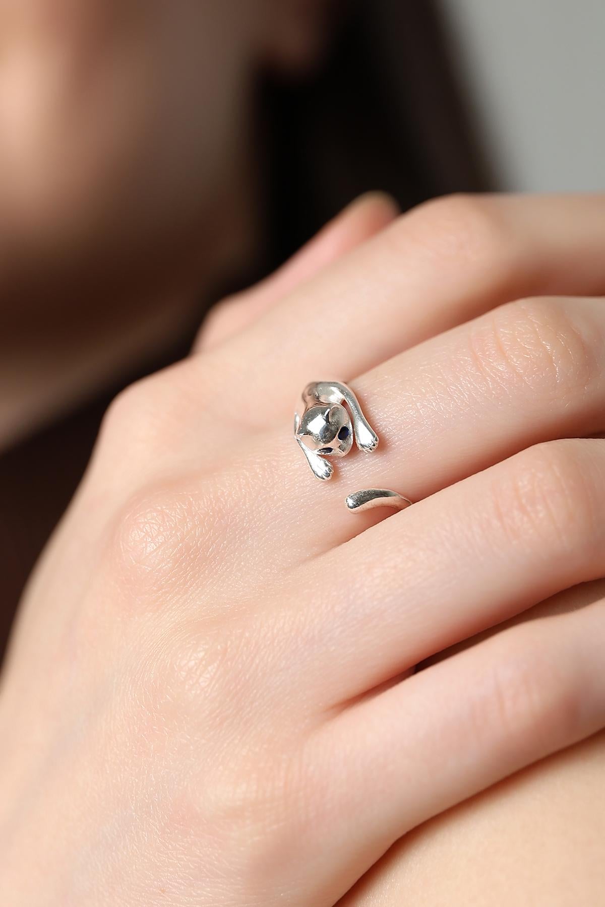 Cute Cat Wraparound Ring , Feline Silver Adjustable Ring , Kitty Hug Silver Ring , Handmade Cat Wrap Ring , Personalized Gift For Cat Lovers