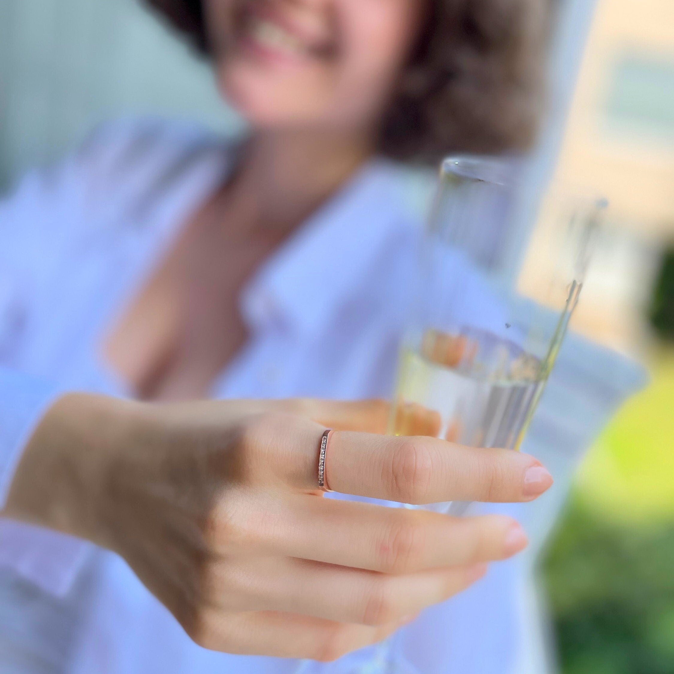 Rose Gold Signet Bar Ring With Zirconia - Minimalist Geometric Ring - Flat Top Cz Ring - Dainty Silver Jewelry For Women - Engagement Ring