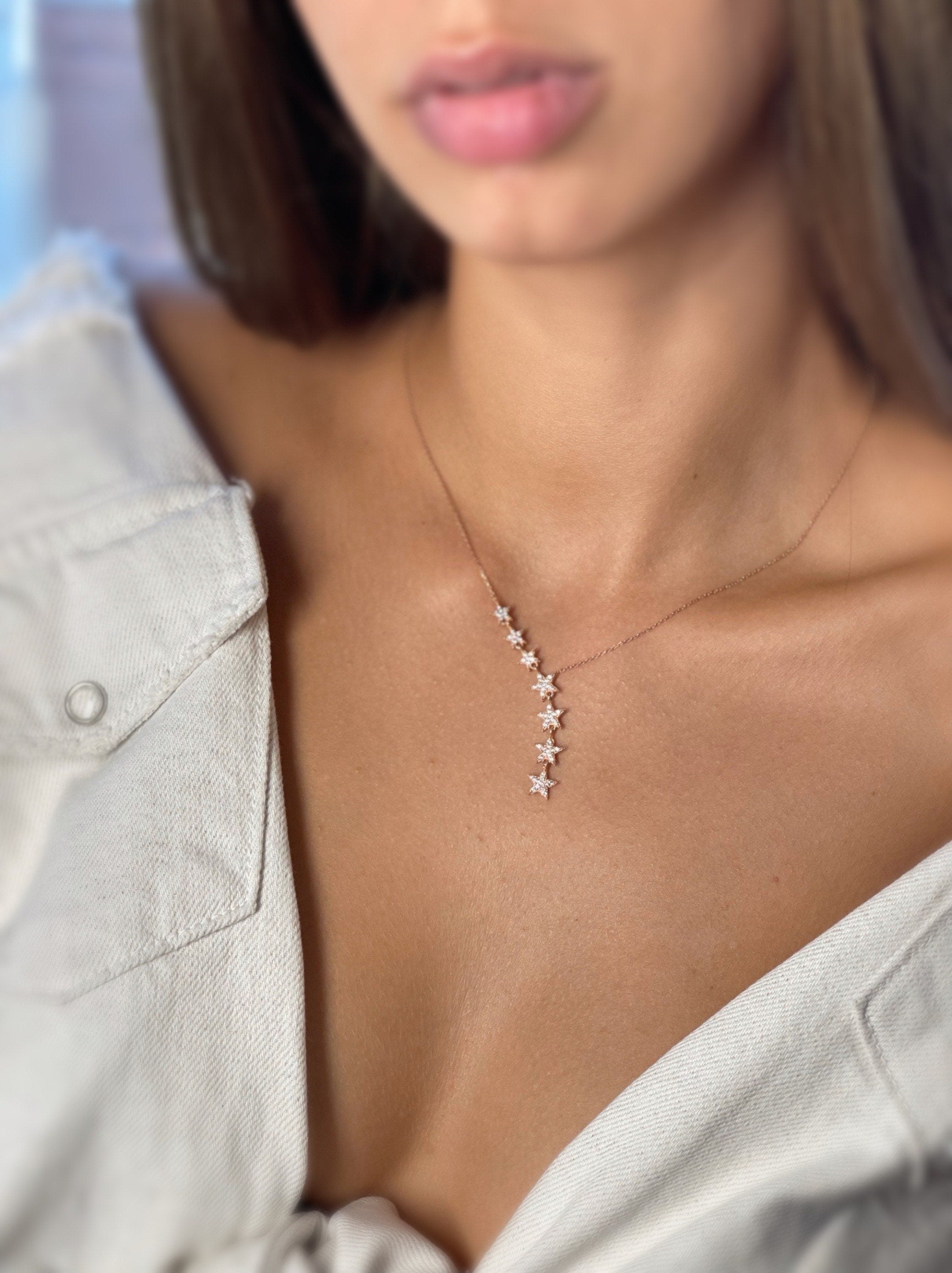 Star Lariat Necklace - Asymmetric Y Shape Drop Star Pendant - Zircon Gemstones - Silver / Gold / Rose Gold Options