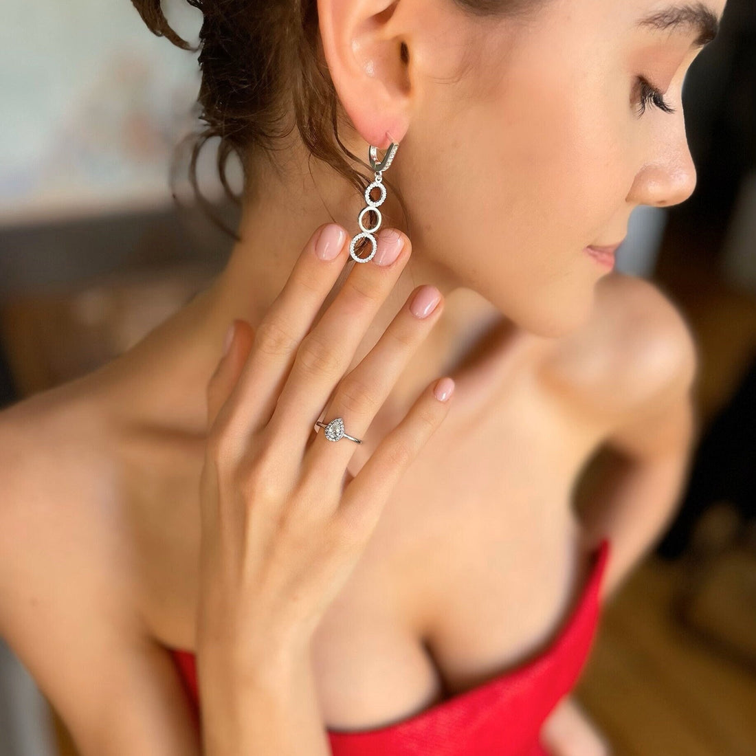 Triple Hoop Dangle Earrings - Shimmering Circles Earrings - Silver Triple Circle Cz Drop Earrings - Modern Jewelry For Women