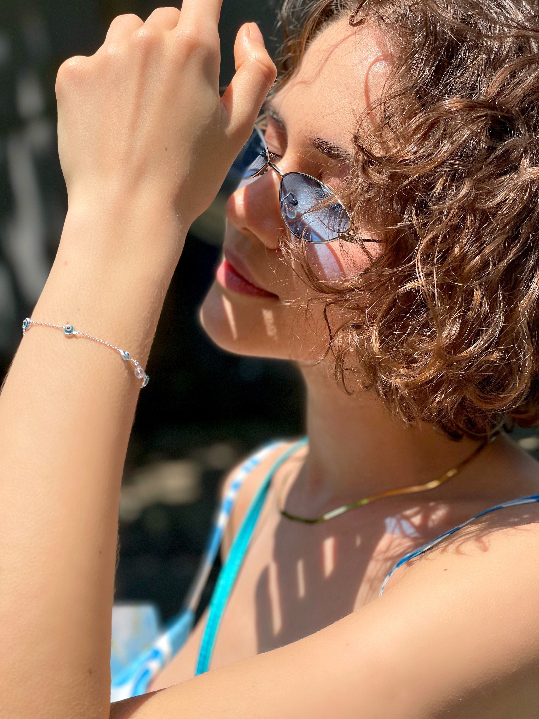 Sterling Silver Blue Evil Eye Bracelet - Blue Glass Beads - Protection & Possitive Energy - Summer Jewelry For Women