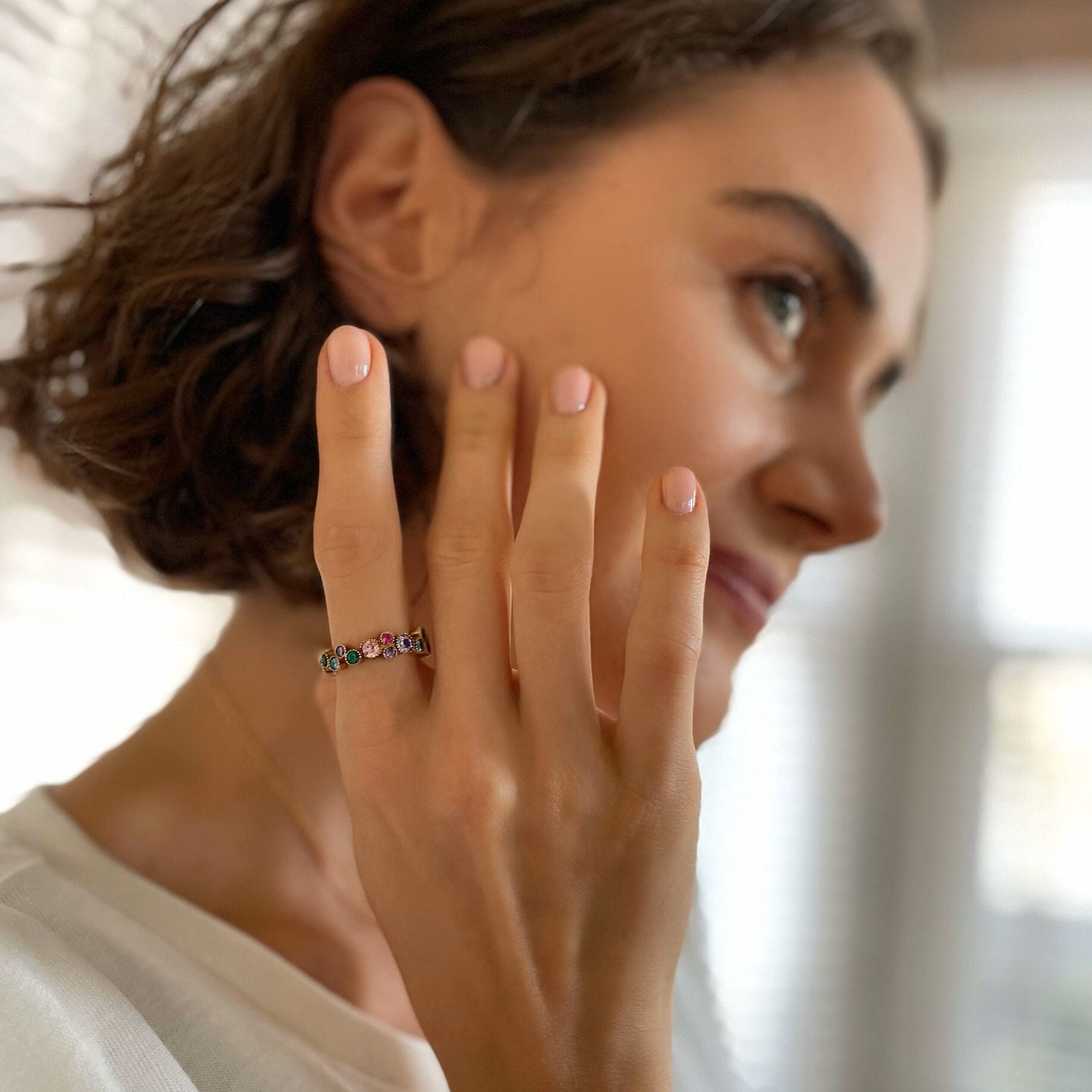 Fancy Rainbow Jewelry Set - Multicolor Zirconia Necklace And Eternity Ring Set - Gold Plated Colorful Cz Jewelry -