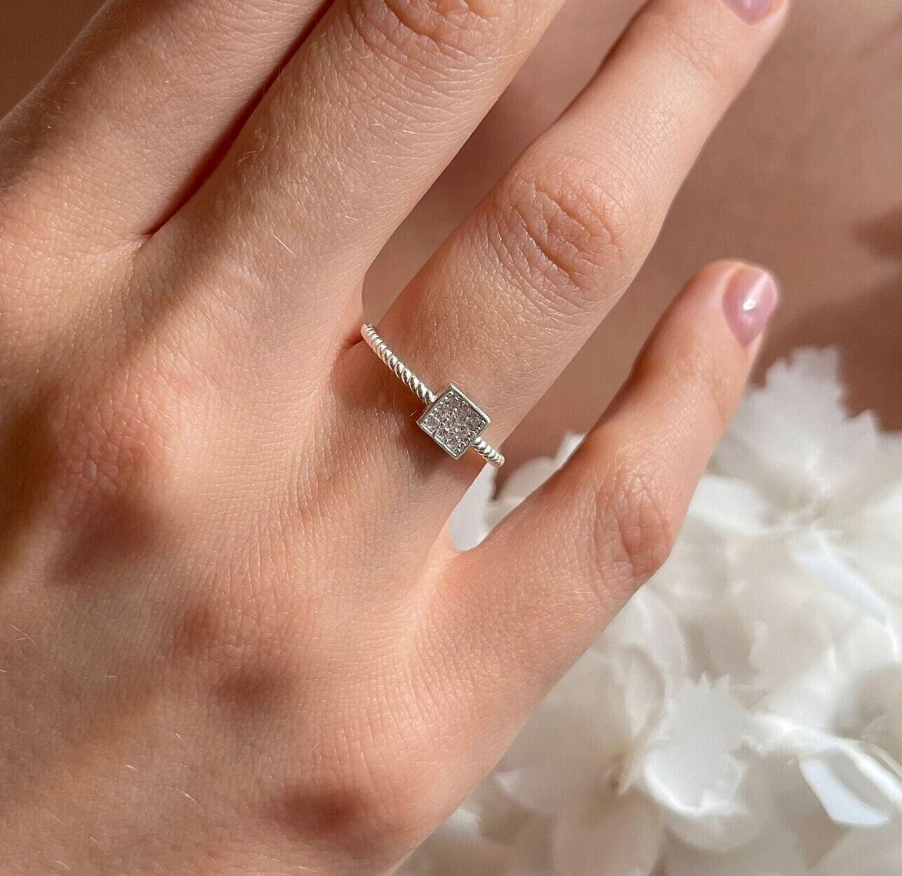 Radiant Cut Square Ring With Zirconia - Modern & Minimalist Geometric Design - Sterling Silver Adjustable Square Ring - Summer Unique Gift