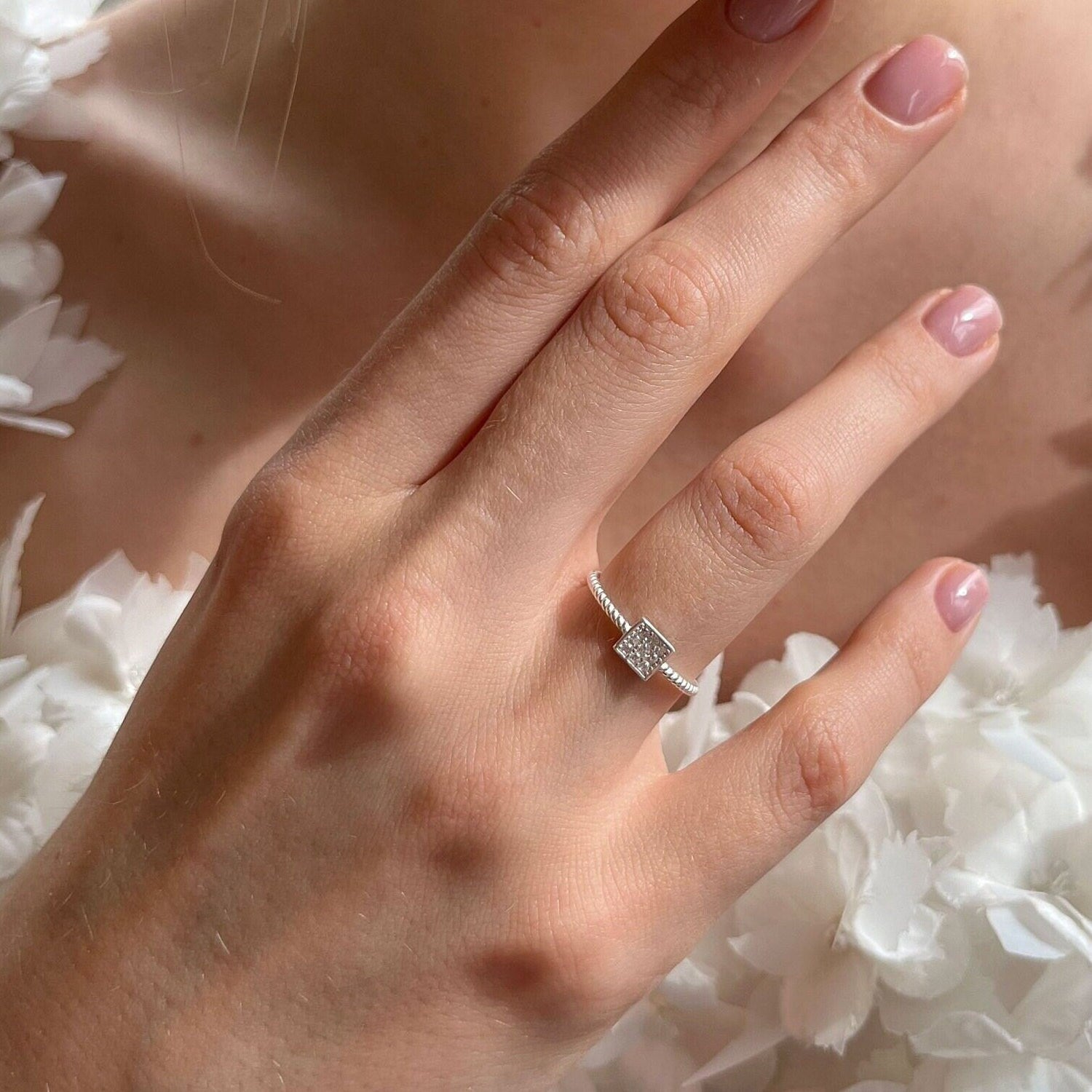 Radiant Cut Square Ring With Zirconia - Modern & Minimalist Geometric Design - Sterling Silver Adjustable Square Ring - Summer Unique Gift