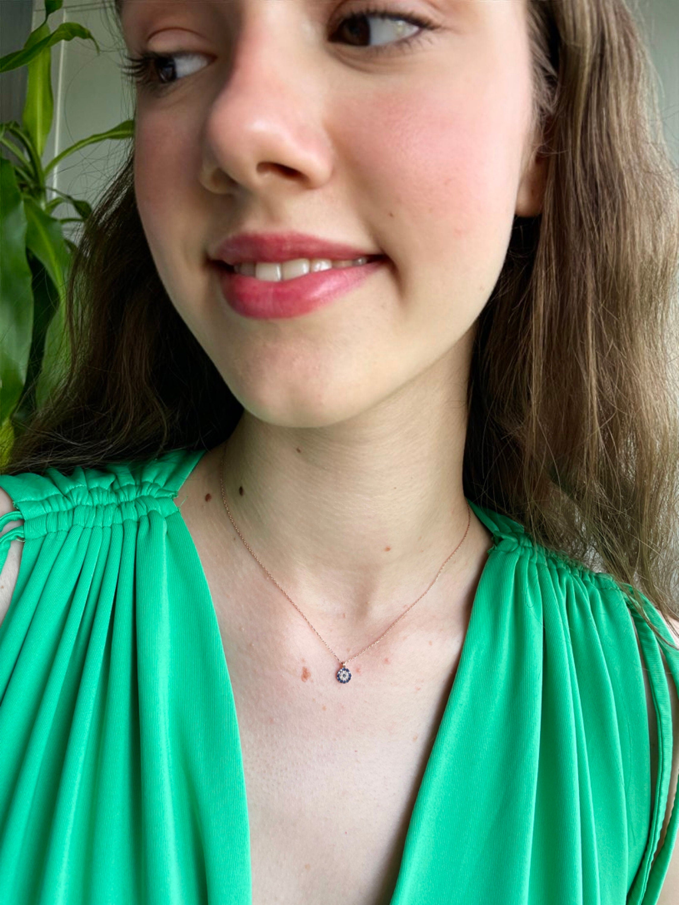 Minimalist Evil Eye Necklace - Blue Eye Protection Necklace - 925 Sterling Silver Jewelry - Silver & Rose Gold Chain