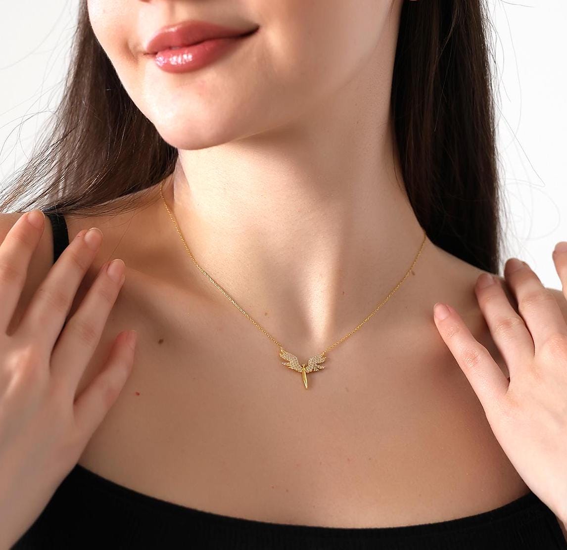 Lucky Angel Wings Necklace , Protective Angel Jewelry Gift , Delicate Gold Plated Angel Charm , 925 Sterling Silver Guardian Angel Necklace