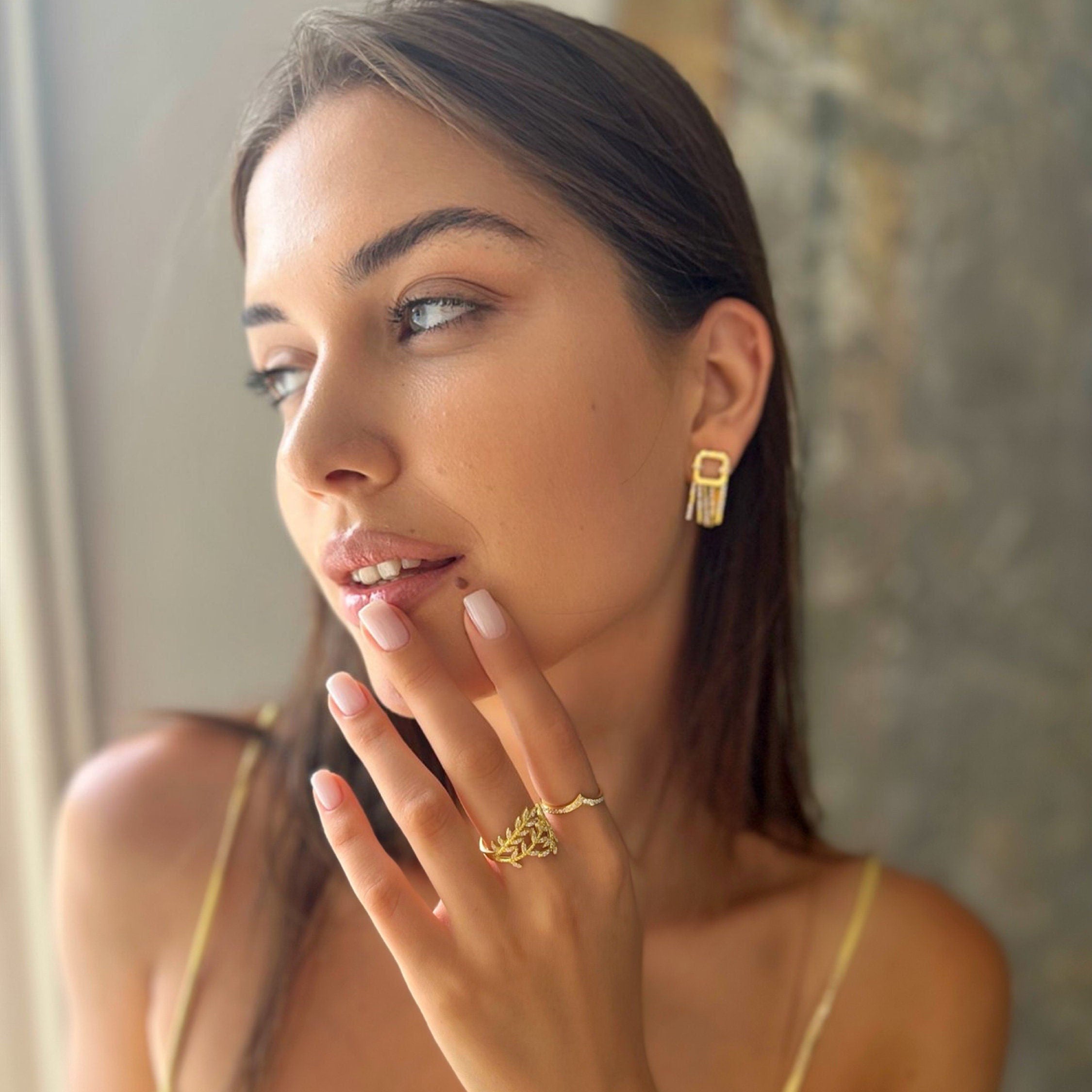 Stylish Gold Color Fringe Earrings - Tassel Stud Earrings - Cz Sterling Silver Jewelry - Dainty Minimalist Jewels - Gold/rose Earrings