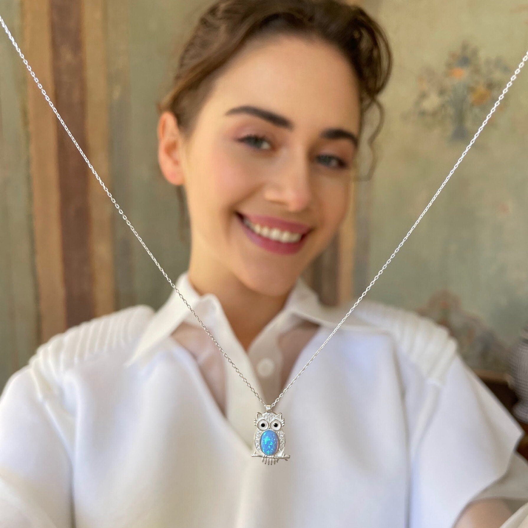 Owl Wisdom Necklace - Blue Opal Owl Pendant - Guardian Pendant - Minimalist Sterling Silver Jewelry - Gift For Animal Lovers