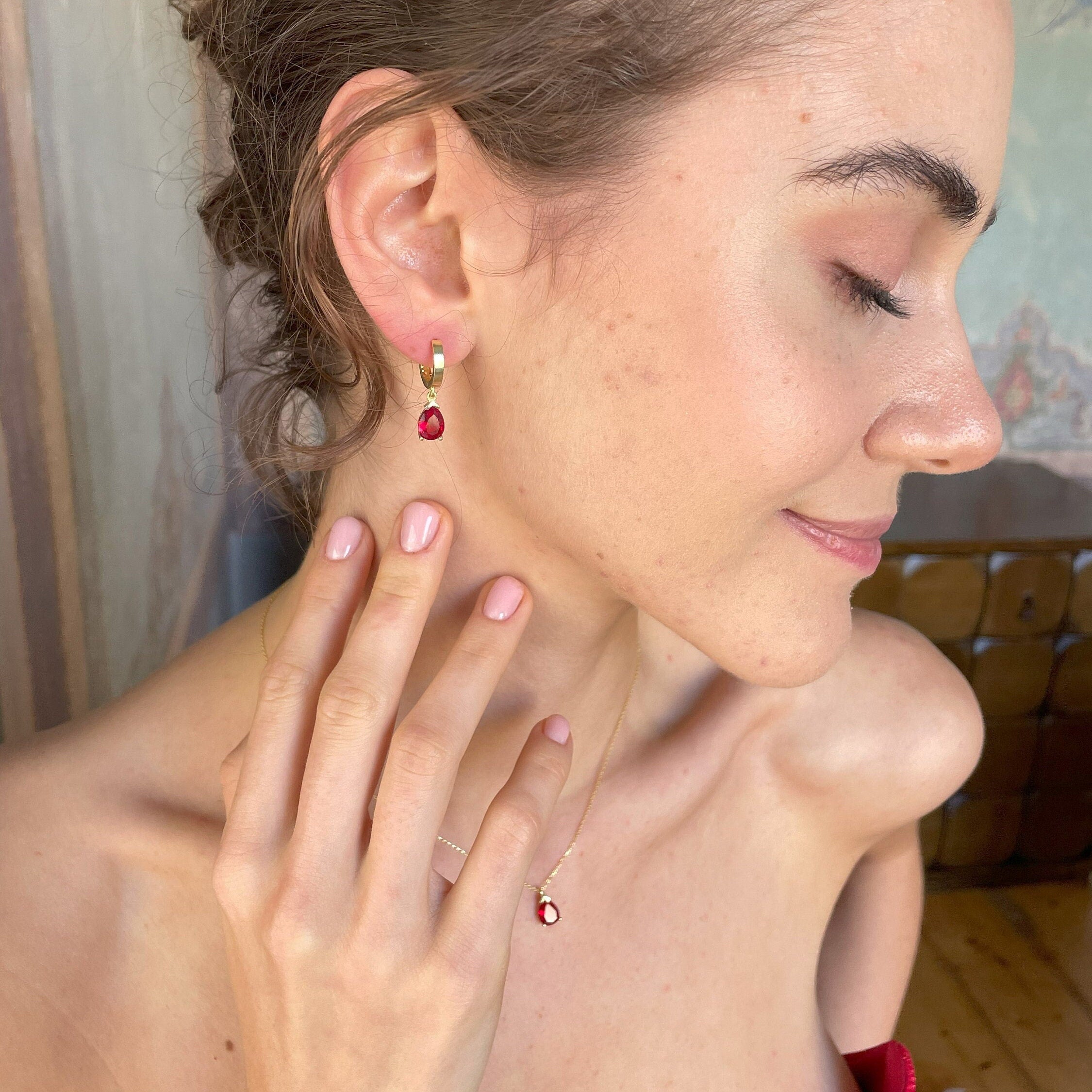 Birthstone Jewelry Set - Mothers Day Birthstone Gift - Red Garnet Sterling Silver Necklace & Earrings - January / July Birthstone