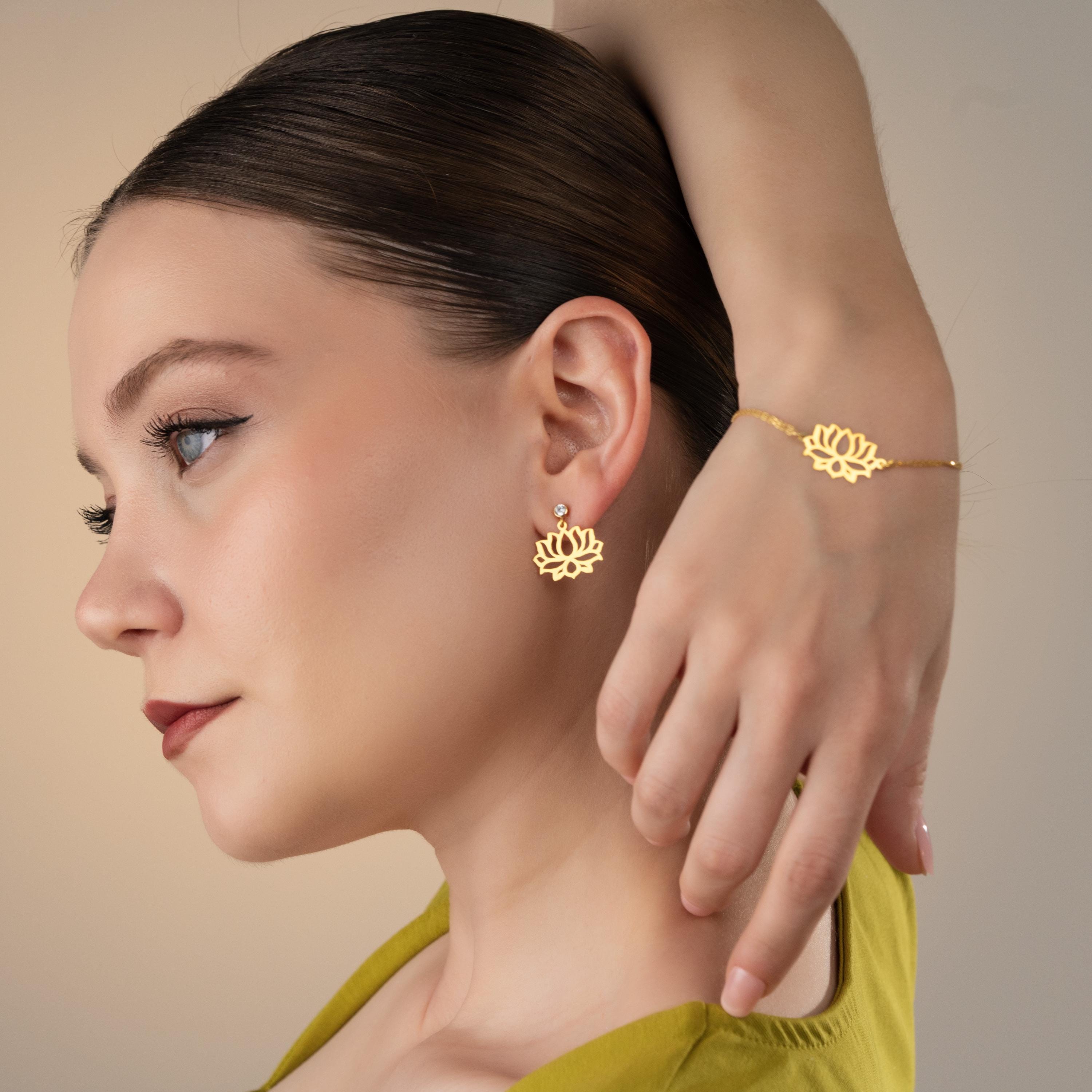 Gold Lotus Flower Jewelry Set, Dainty Bracelet & Earrings
