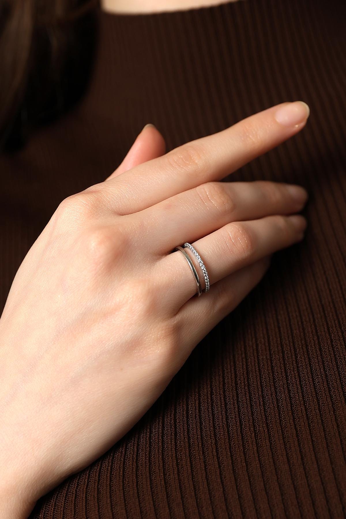 Modern Gold Dual Band Ring , Elegant Cz Double Band Ring , Chic & Classic Stacking Ring, Silver / Gold / Rose Gold Options , Women's Jewelry