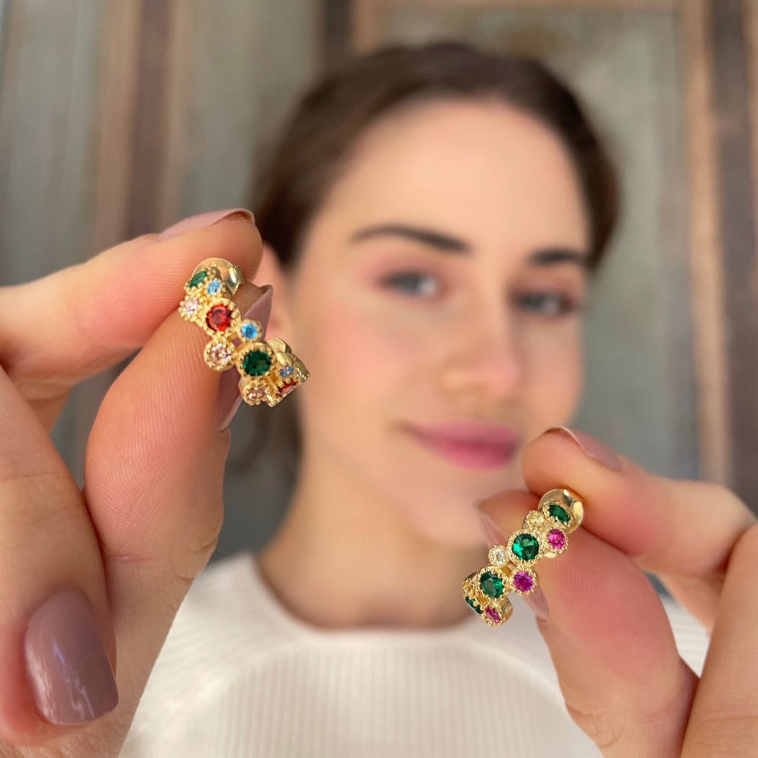 Fancy Rainbow Hoop Earrings - Multicolor Zirconia Round Cut Earrings - Colorful Cz Crystal Earrings - Gold Plated Sterling Silver Jewelry