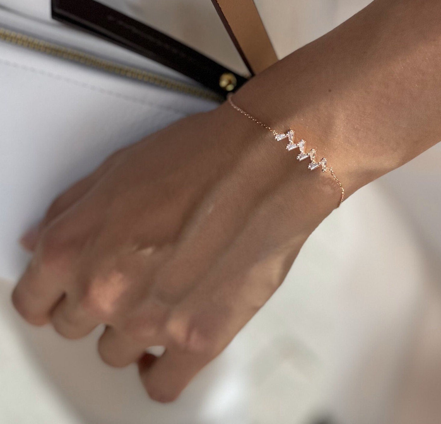 Cz Heartbeat Bracelet - Rose Gold Color Zigzag Bracelet - Minimalist Sterling Silver Jewelry - Delicate Jewelry For A Meaningful Gift