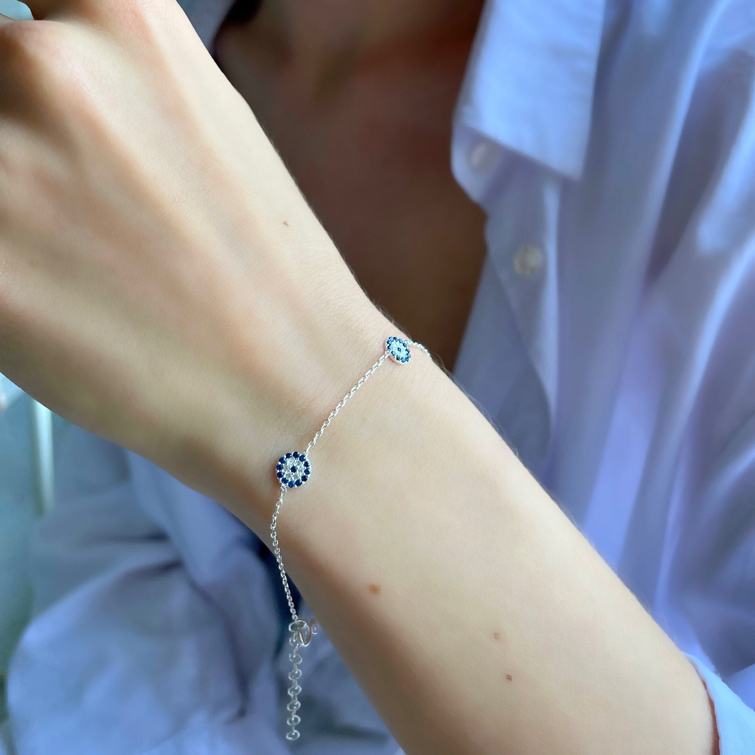 Sterling Silver Round Evil Eye Bracelet - Cubic Zirconia Blue Eye Bracelet- Delicate Everyday Jewelry - Good Luck Bracelet - Celebrate Pride