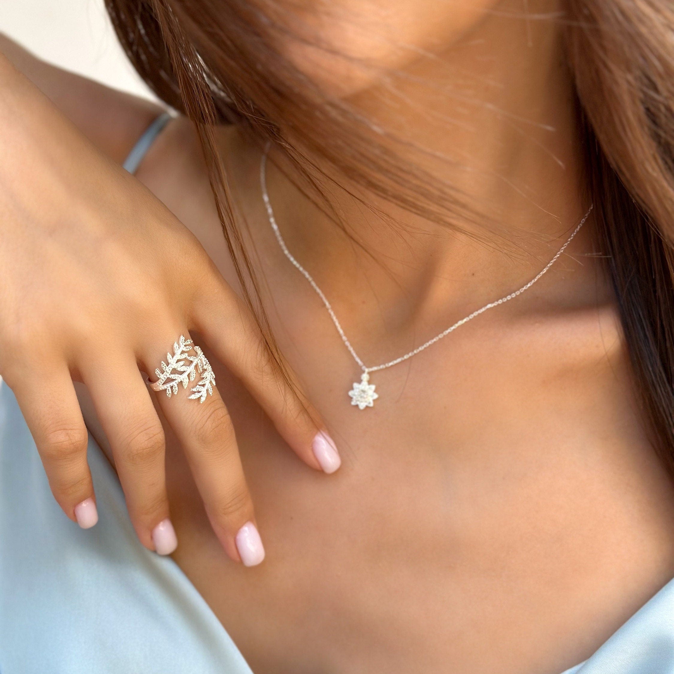 Sparkling Olive Branch Ring - Cz Olive Leaf Adjustable Ring - Cubic Zirconia Wrap Ring -925 Sterling Silver Jewelry For Women - Summer Jewls