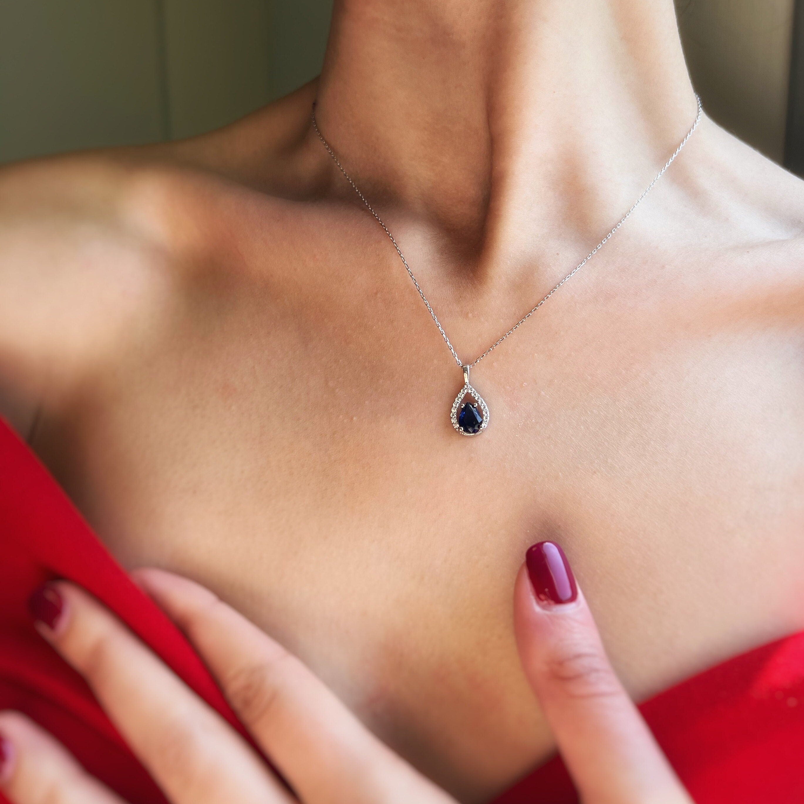 Teardrop Pendant Necklace | Sparkling Drop Birthstone Silver Necklace | Oval Cut Gemstone | Birthstone Pendant | Minimalist Jewelry Gift