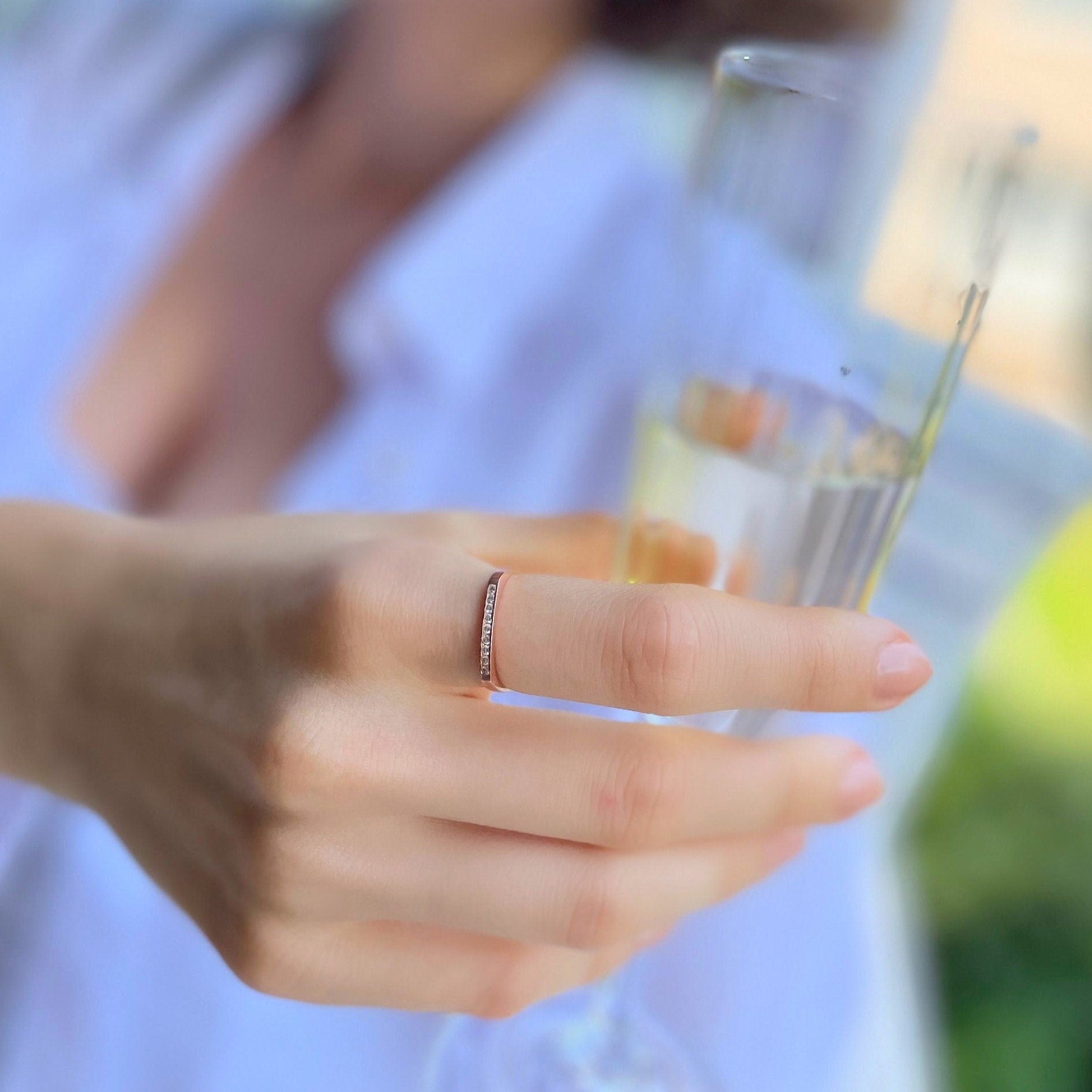 Rose Gold Signet Bar Ring With Zirconia - Minimalist Geometric Ring - Flat Top Cz Ring - Dainty Silver Jewelry For Women - Engagement Ring