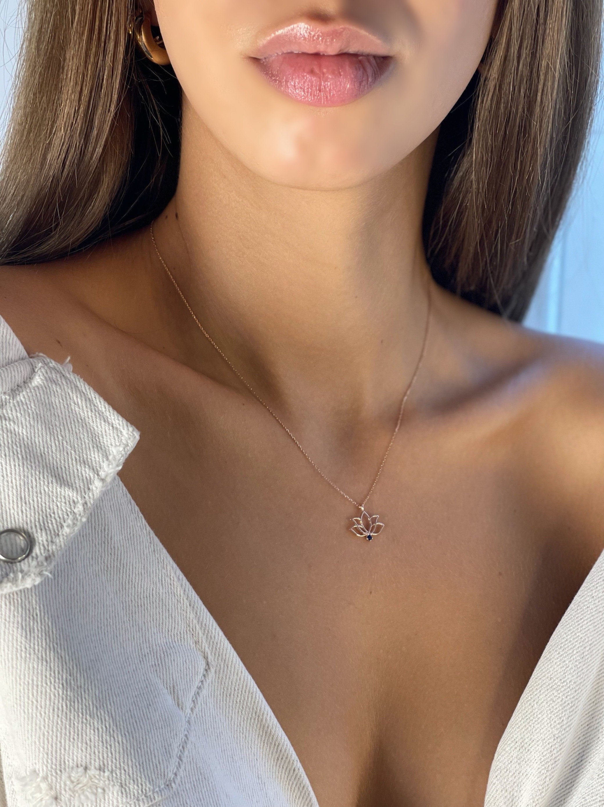 Lotus Flower Necklace, 925 Sterlin Silver Yoga Pendant, Rose Gold Zen Necklace With Tiny (2mm) Navy Gemstone, Necklace For Yogi