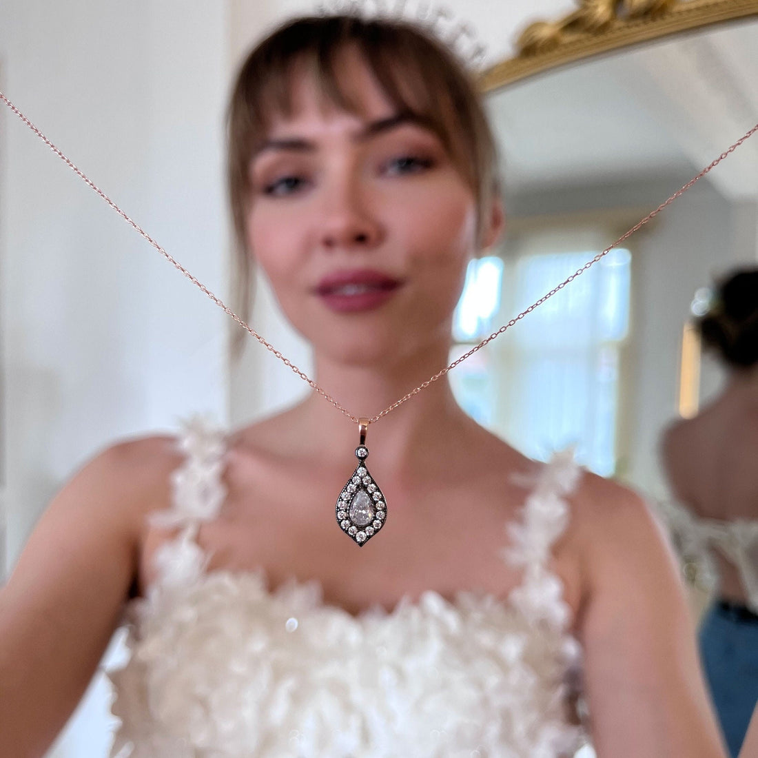 Pear Cut Halo Necklace - Sterling Silver Zircon Tear Drop Wedding Jewelry - Drop Pendant With Cubic Cut Gemstones - Handmade Jewelry