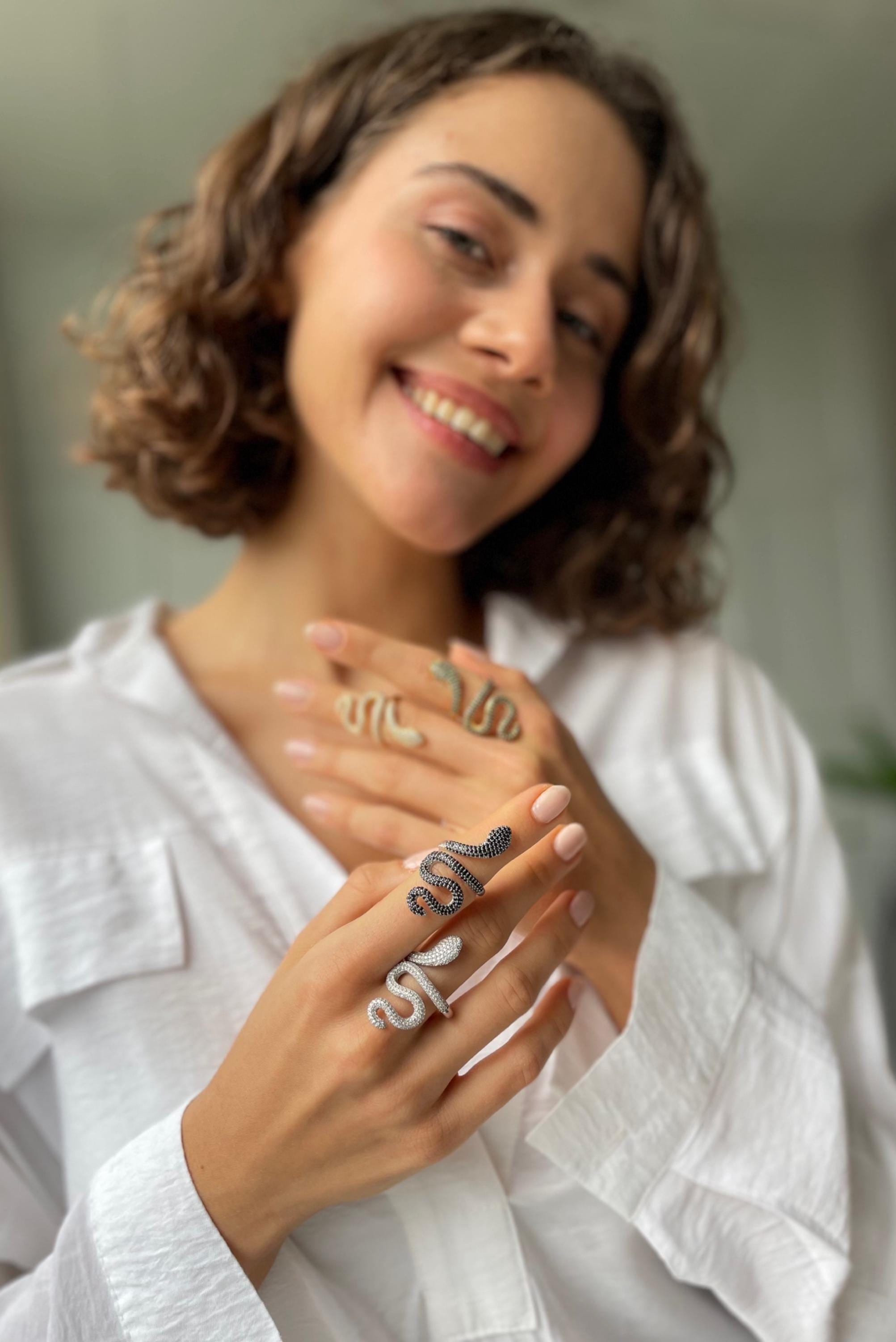 Glamorous Snake Ring - Gold And Silver Pave Snake Statement Ring - Cz Adjustable Snake Ring - Twisted Snake Ring - Serpent Design Jewelry